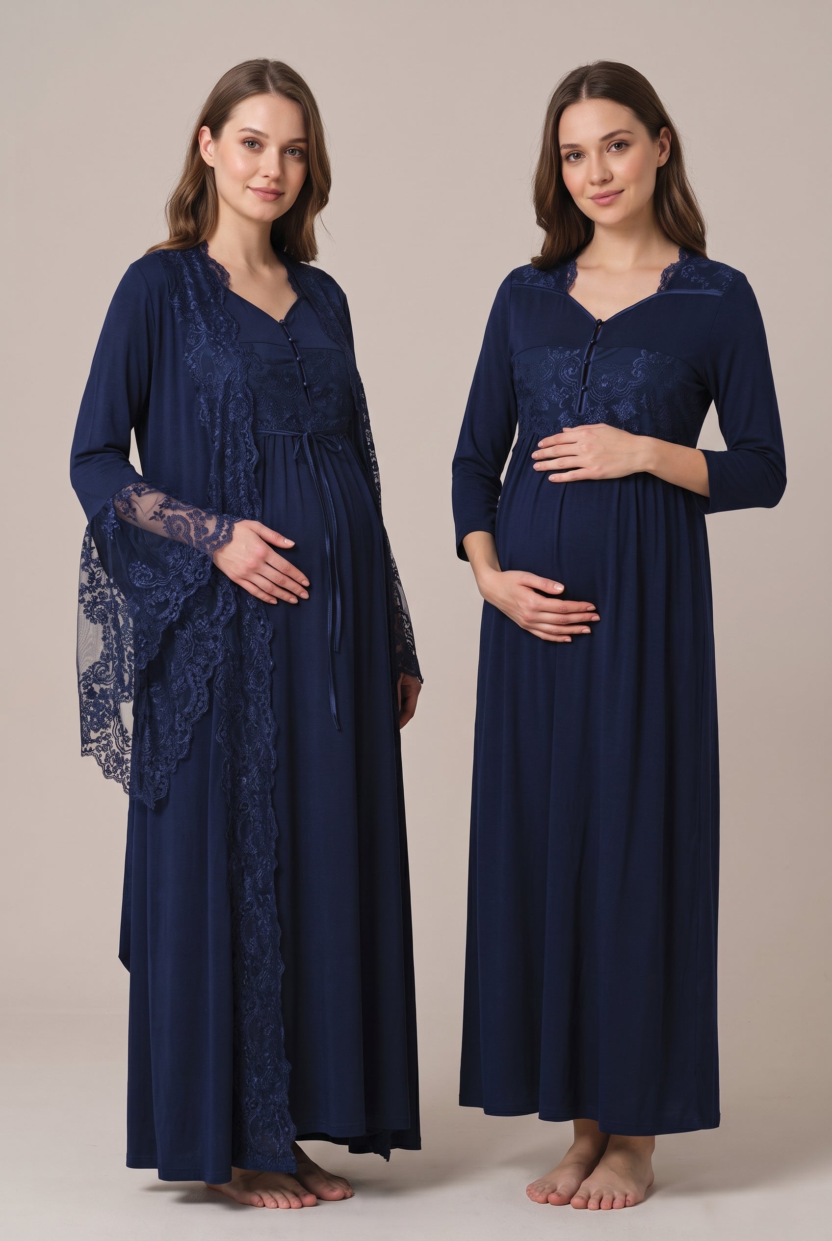 Şık Tasarım Baby Shower Prenses Kol Tasarımlı Pamuklu Lohusa Hamile Sabahlıklı Gecelik Seti 03010