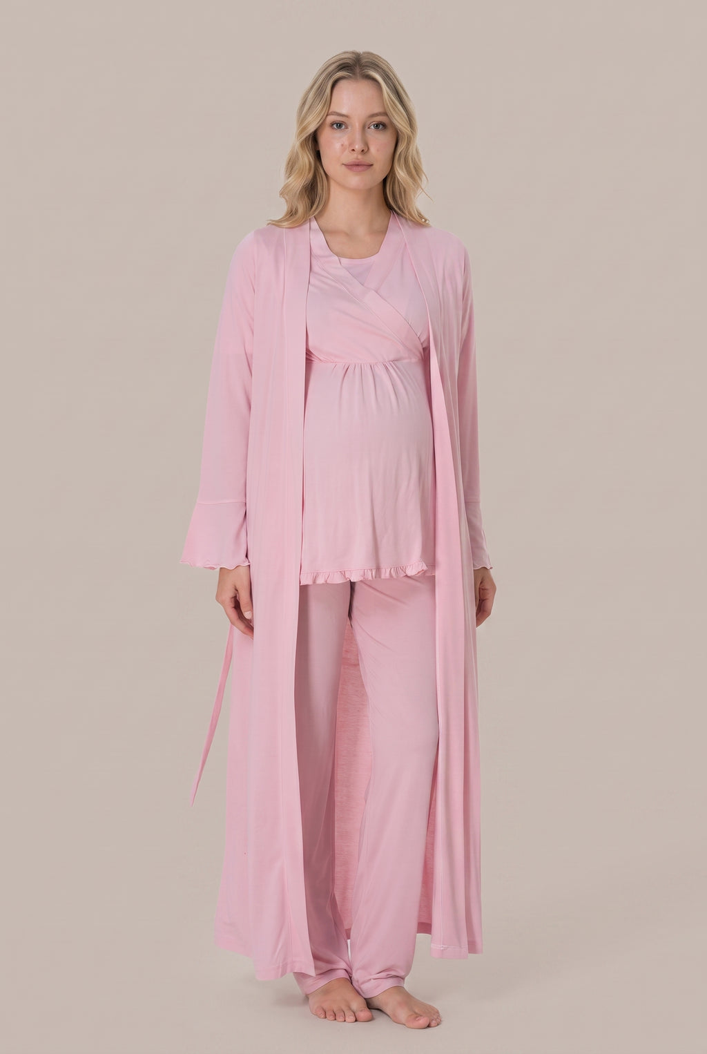 Şık Tasarım Kruvaze Yaka Ayarlanabilir Bel Özellikli Pamuklu Lohusa Hamile Sabahlıklı Pijama Seti 03034