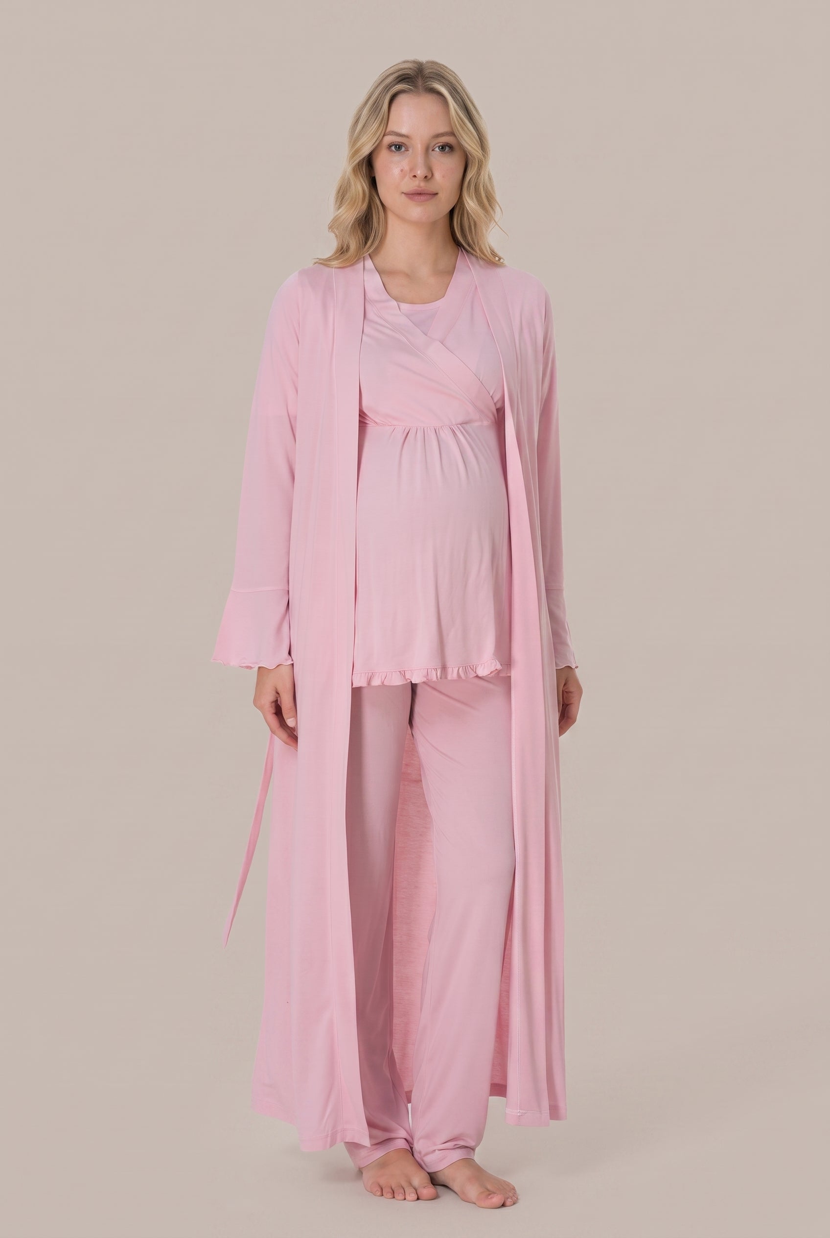 Şık Tasarım Kruvaze Yaka Ayarlanabilir Bel Özellikli Pamuklu Lohusa Hamile Sabahlıklı Pijama Seti 03034