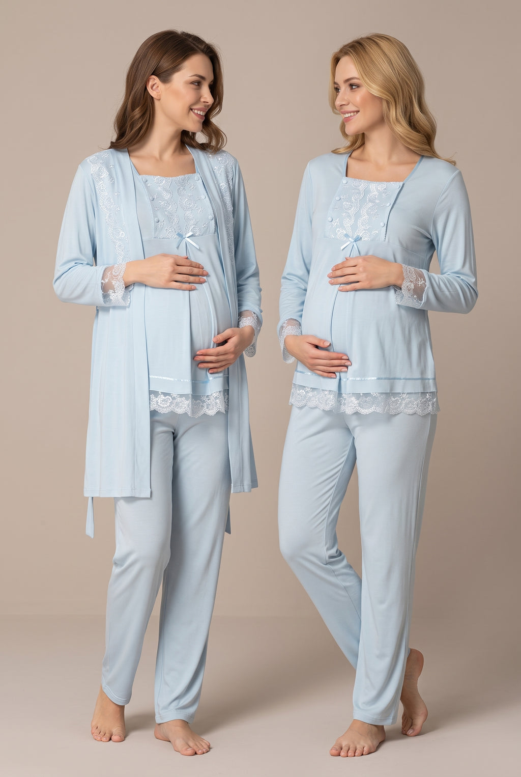 Şık Tasarım Dantel Detaylı Emzirme Kolaylıgı Saglayan Ayarlanabilir Bel Özellikli Pamuklu Lohusa Hamile Sabahlıklı Pijama Takımı 03044