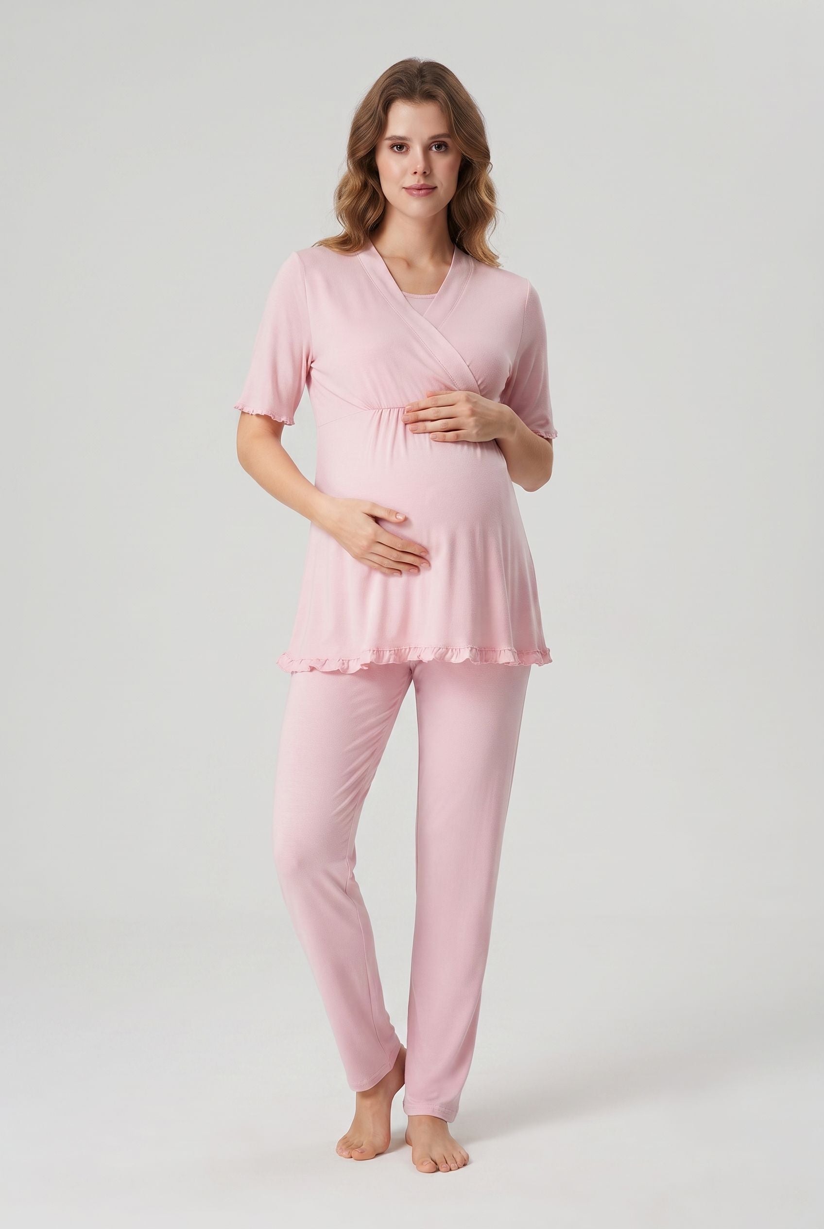 Şık Tasarım Kruvaze Yaka Ayarlanabilir Bel Özellikli Pamuklu Lohusa Hamile Pijama Takımı 03032