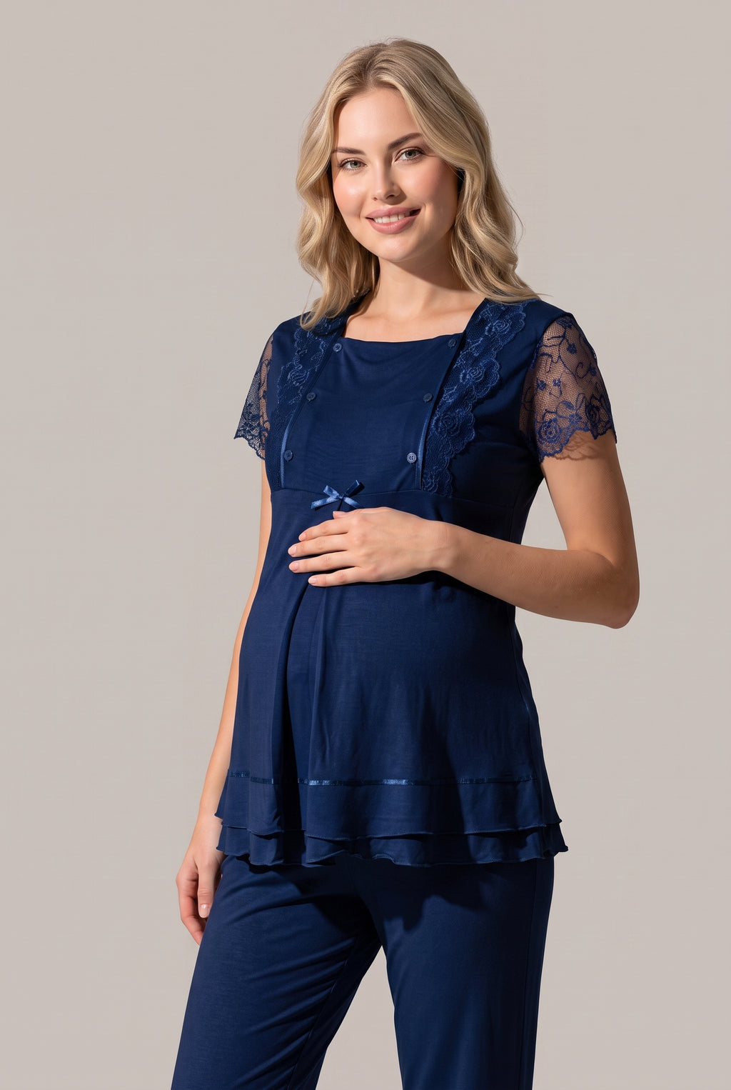 Şık Tasarım Dantelli Ayarlanabilir Bel Özellikli Pamuklu Lohusa Hamile Sabahlıklı Pijama Takımı 02054