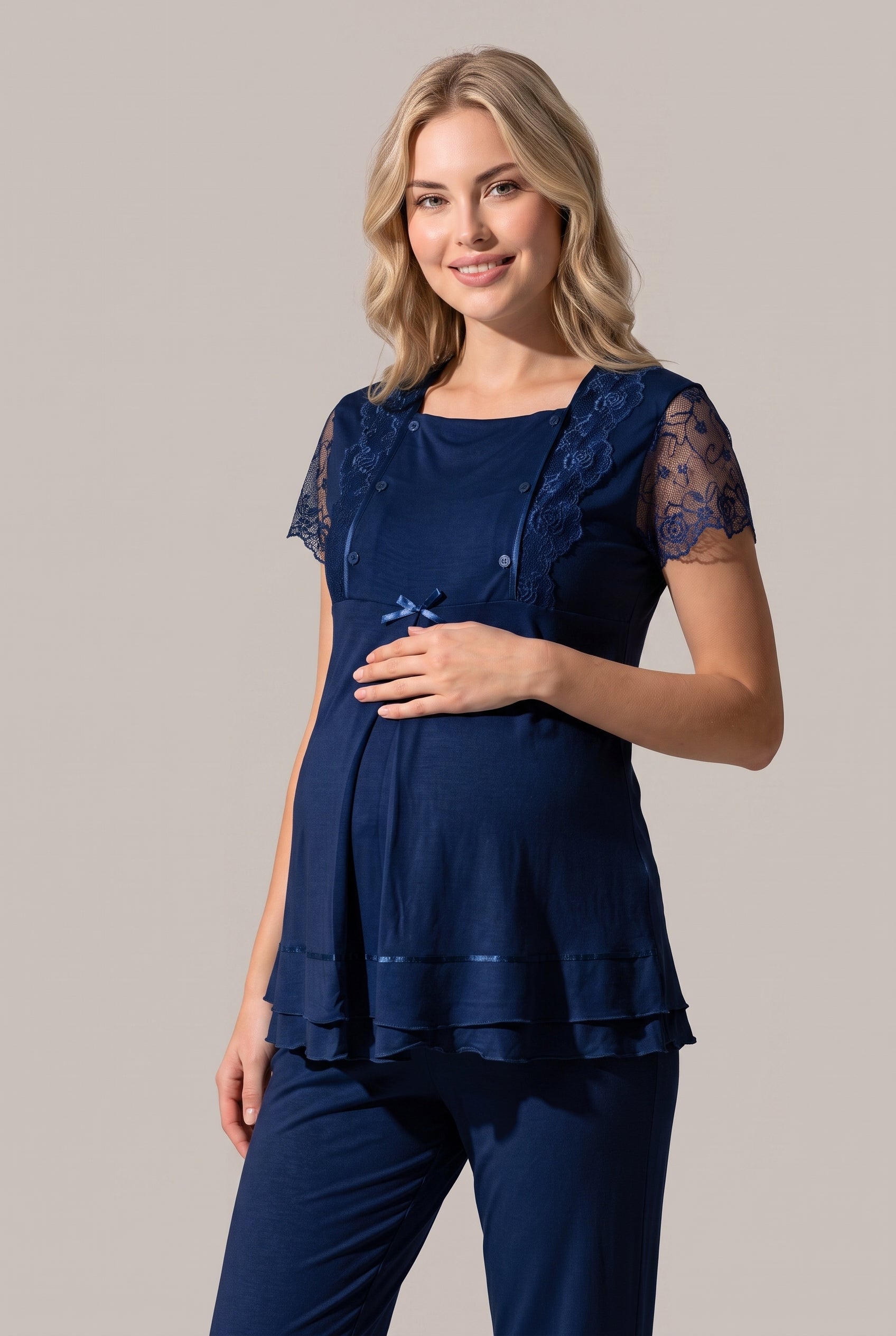 Şık Tasarım Dantelli Ayarlanabilir Bel Özellikli Pamuklu Lohusa Hamile Sabahlıklı Pijama Takımı 02054