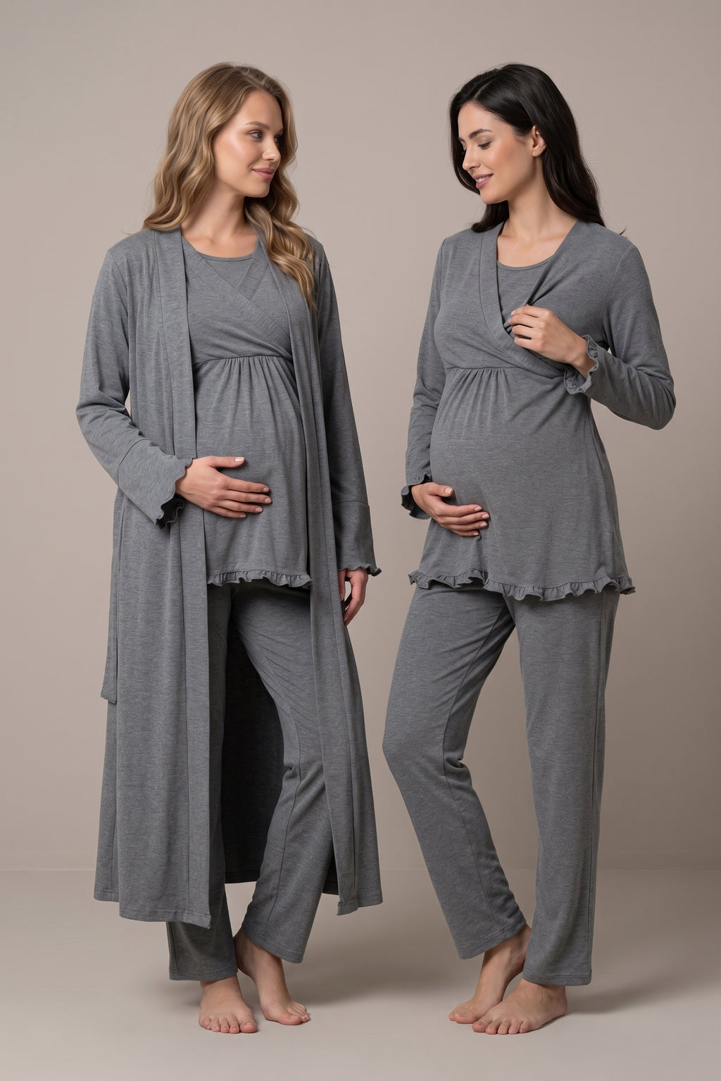 Şık Tasarım Kruvaze Yaka Emzirme Kolaylıgı Saglayan Ayarlanabilir Bel Özellikli Pamuklu Lohusa Hamile Sabahlıklı Pijama Takımı 04044