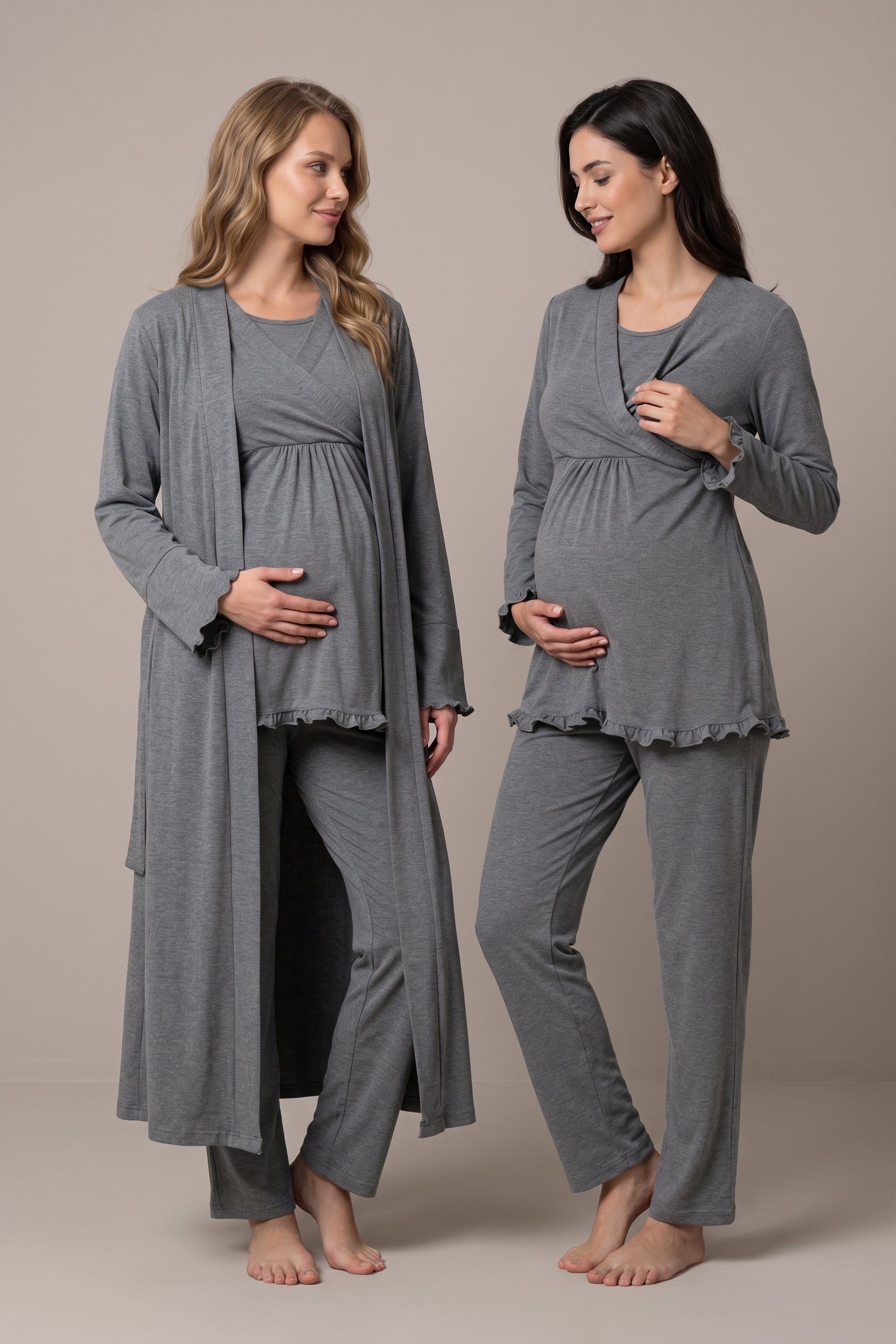 Şık Tasarım Kruvaze Yaka Emzirme Kolaylıgı Saglayan Ayarlanabilir Bel Özellikli Pamuklu Lohusa Hamile Sabahlıklı Pijama Takımı 04044