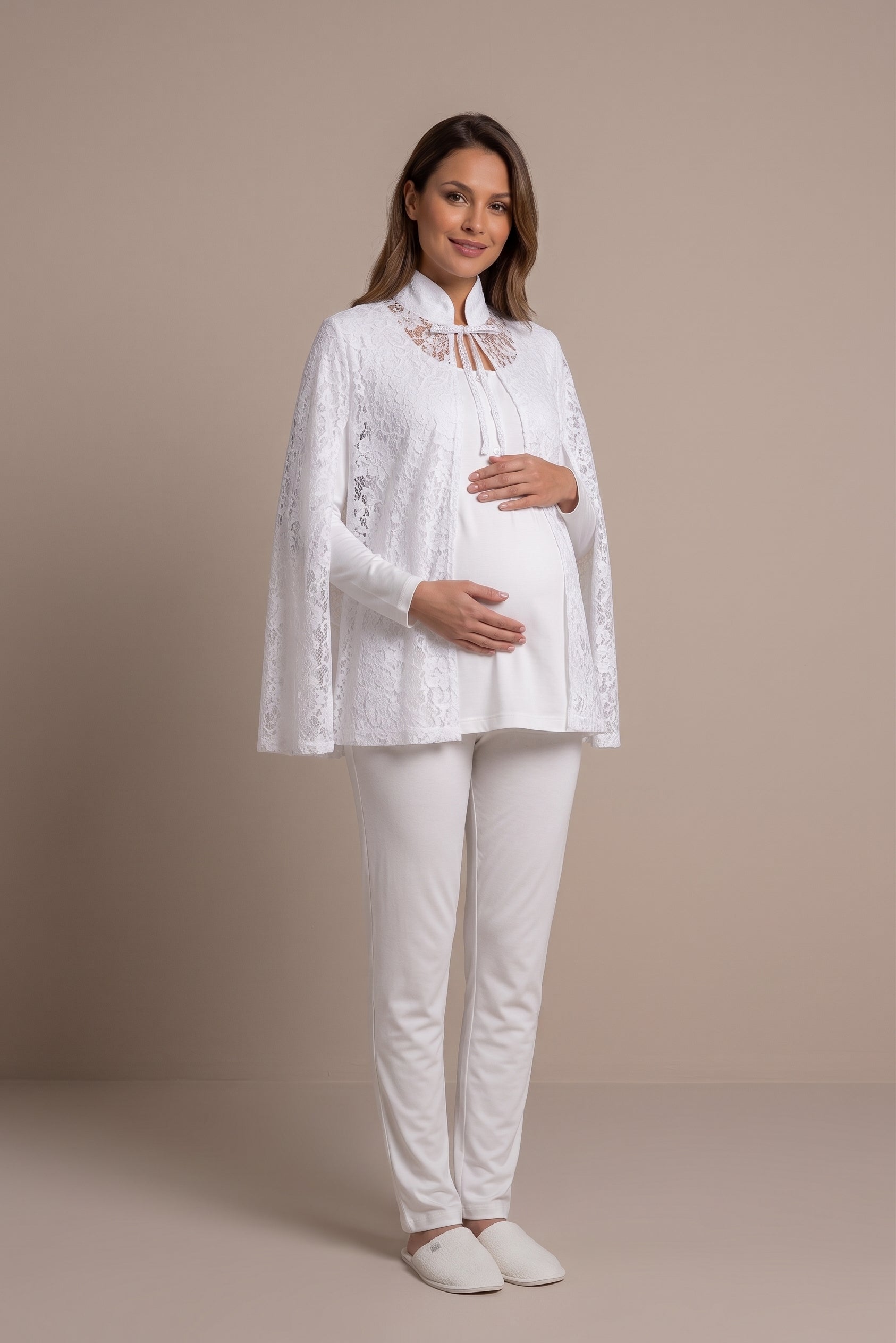 Şık Tasarım Dantel Sabahlıklı Ayarlanabilir Bel Özellikli Pamuklu Lohusa Hamile Sabahlıklı Pijama Takımı 06402