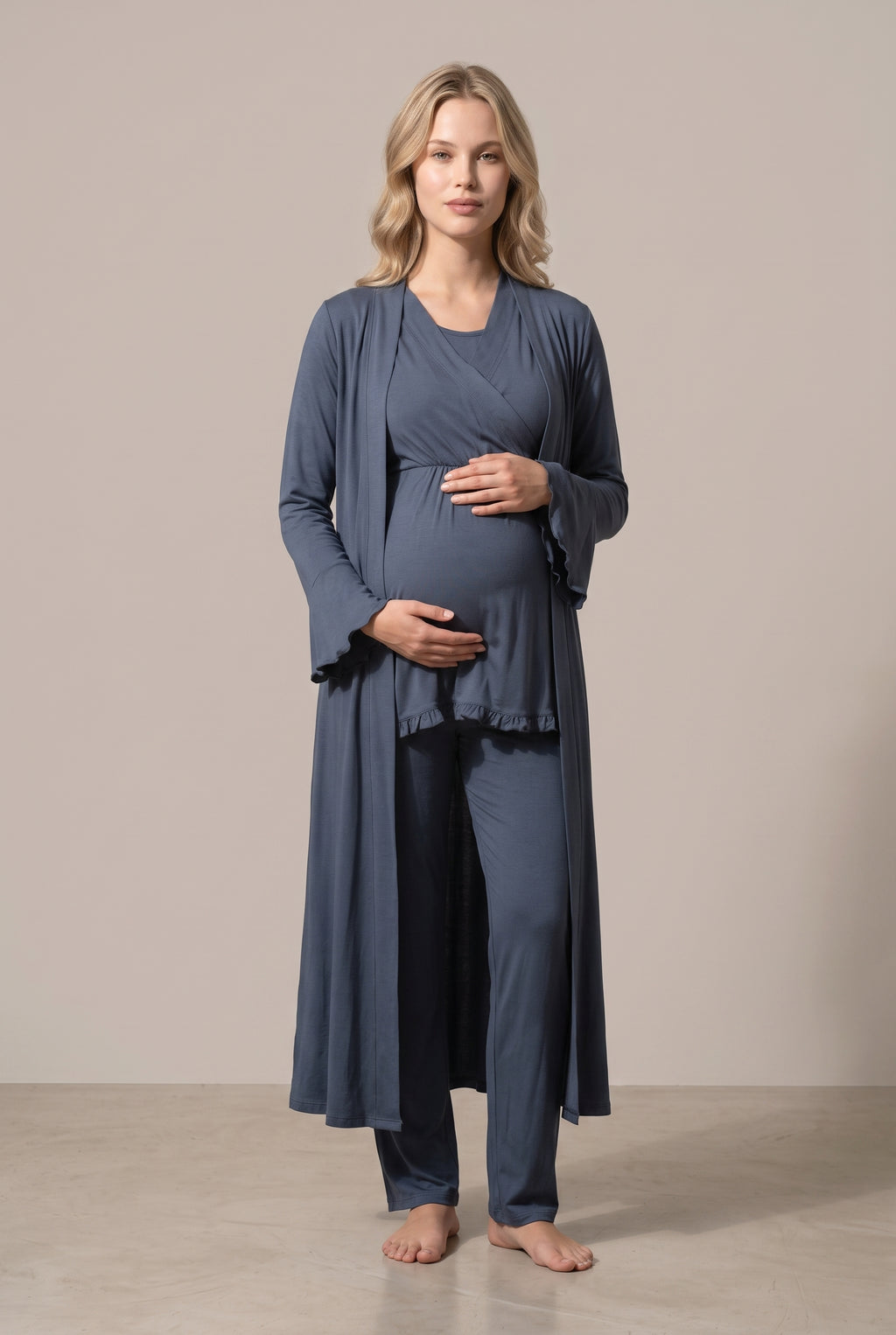 Şık Tasarım Kruvaze Yaka Ayarlanabilir Bel Özellikli Pamuklu Lohusa Hamile Sabahlıklı Pijama Seti 03034
