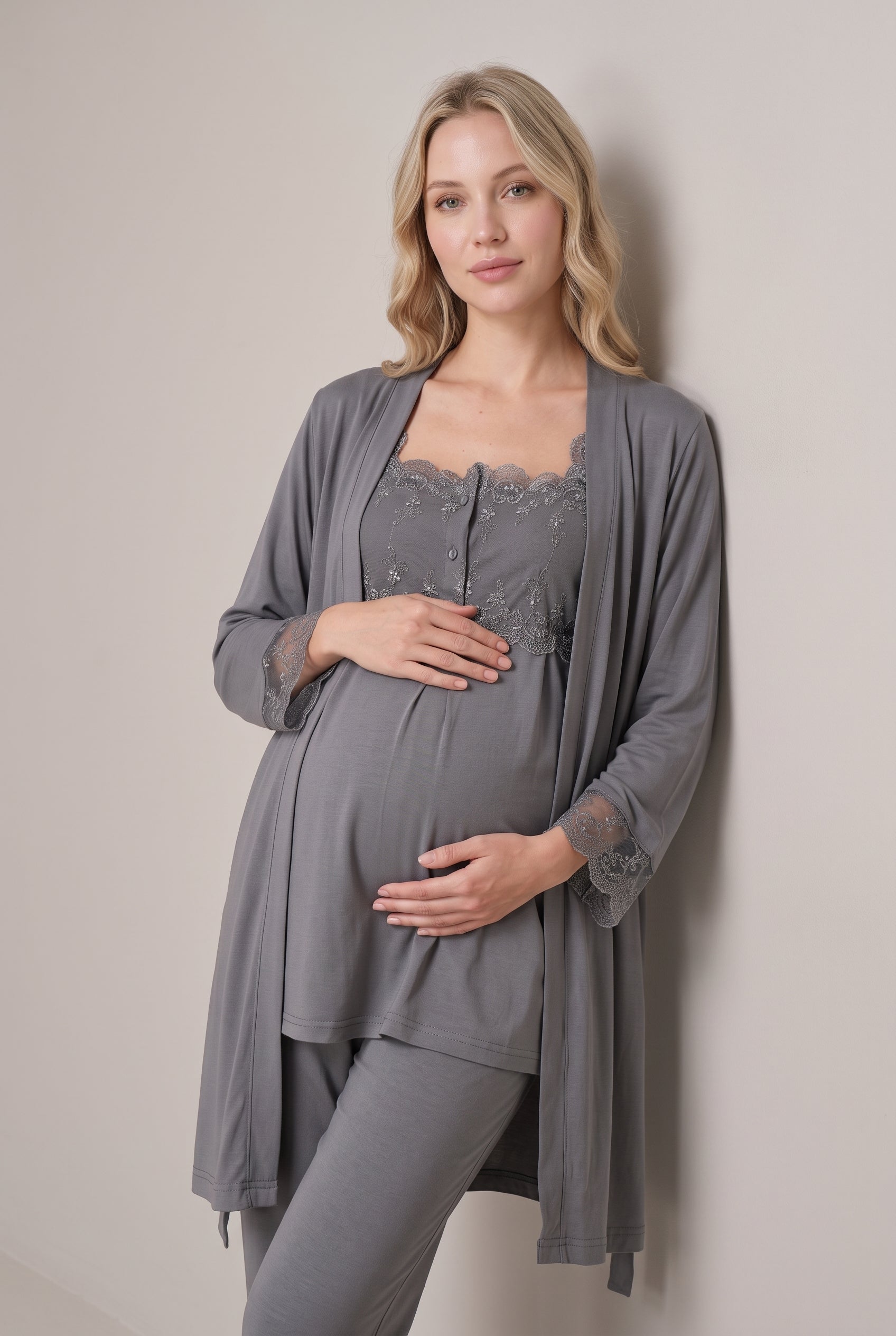 Şık Tasarım Dantel Detaylı Ayarlanabilir Bel Özellikli Pamuklu Lohusa Hamile Sabahlıklı Pijama Seti 02301