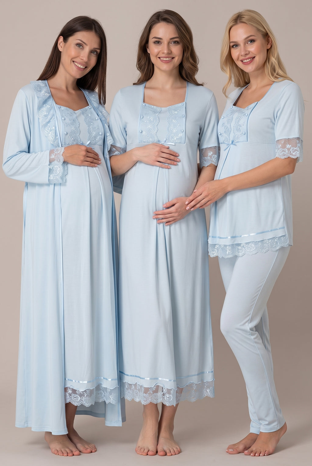 Şık Tasarım Emzirme Ve Ayarlanabilir Bel Özellikli Pamuklu Lohusa Hamile Sabahlık Gecelik Pijama 4'Set 06036