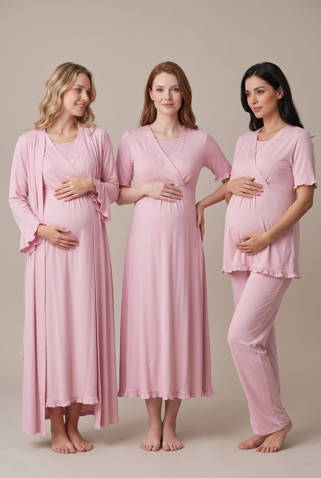 Şık Tasarım Kruvaze Yaka Volan Kol Pamuklu Lohusa Hamile Sabahlık Pijama Gecelik Seti 03036
