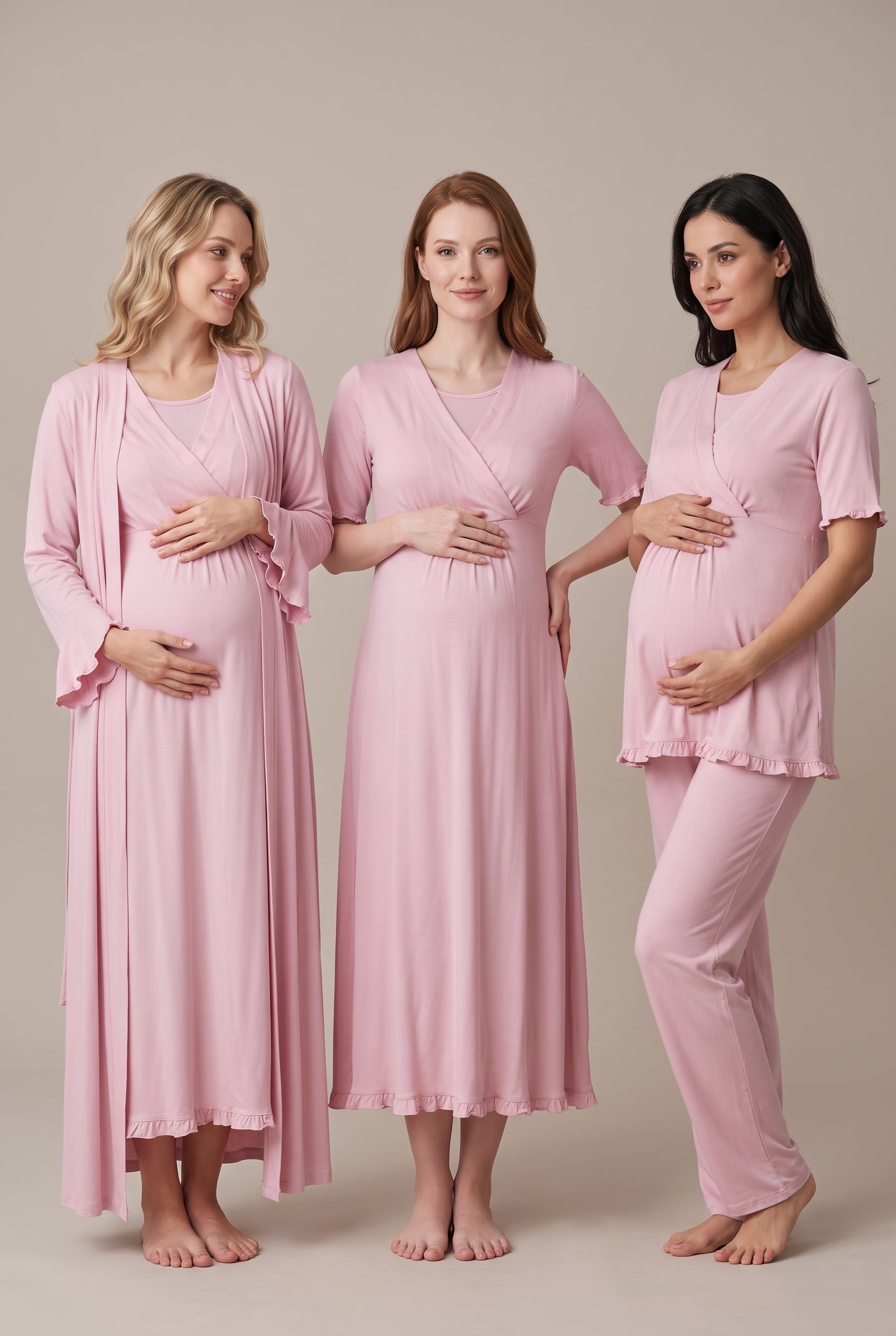 Şık Tasarım Kruvaze Yaka Volan Kol Pamuklu Lohusa Hamile Sabahlık Pijama Gecelik Seti 03036