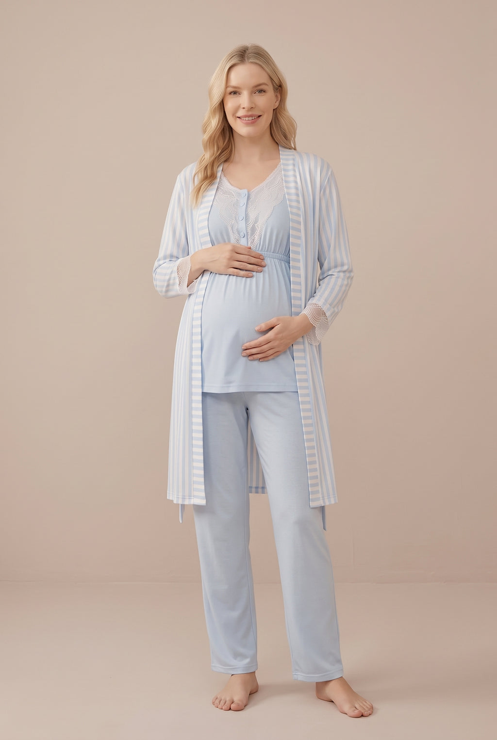 Şık Tasarım Desenli Dantel Detaylı Ayarlanabilir Bel Özellikli Lohusa Hamile Sabahlıklı Pijama Seti 02054