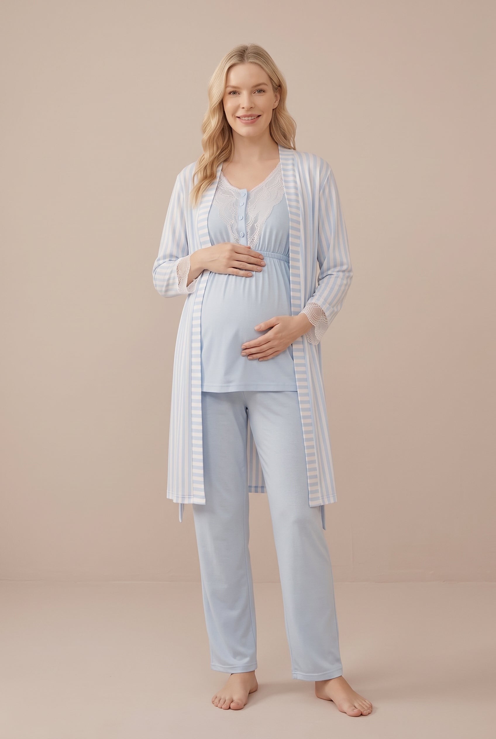 Şık Tasarım Desenli Dantel Detaylı Ayarlanabilir Bel Özellikli Lohusa Hamile Sabahlıklı Pijama Seti 02054