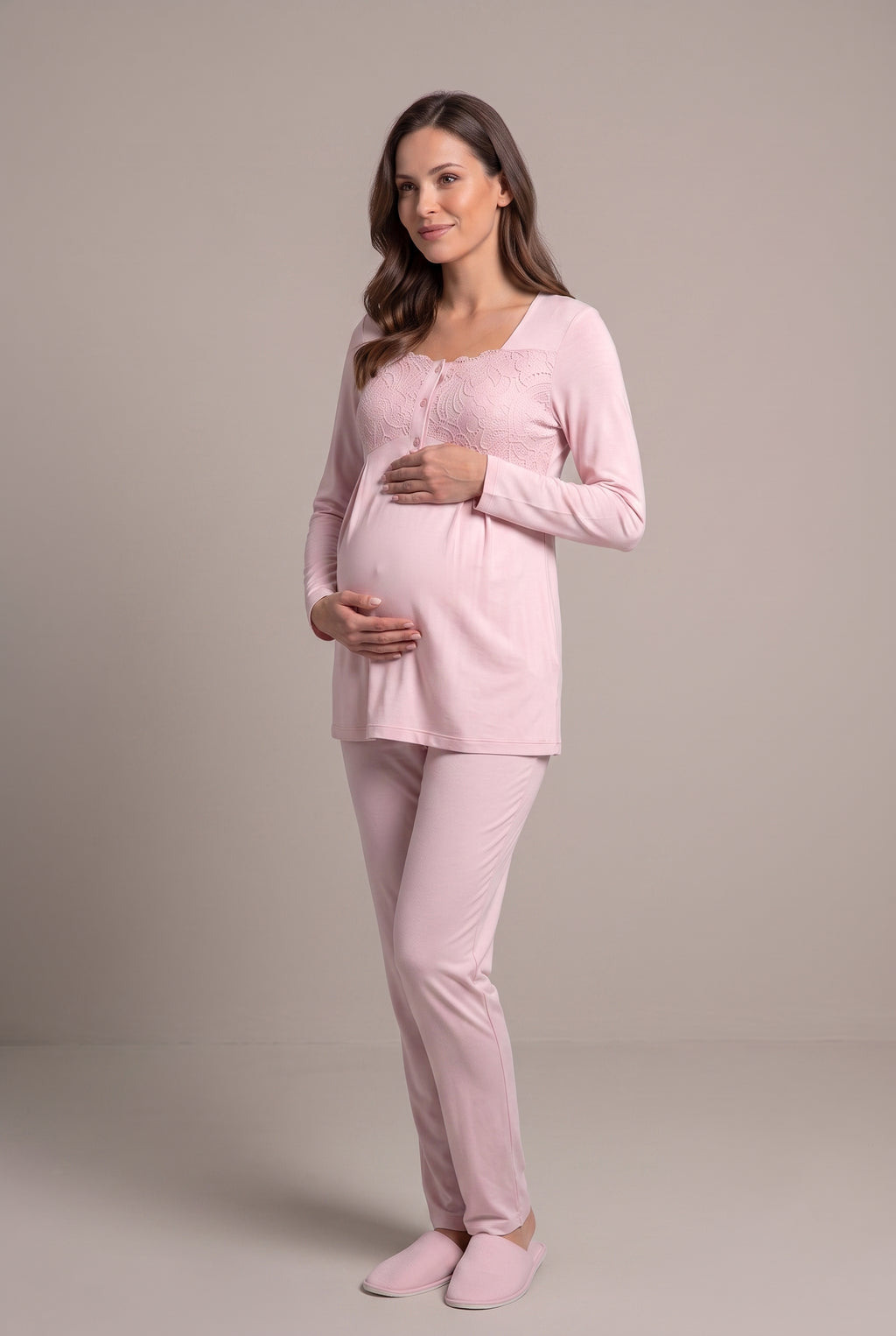 Şık Tasarım Dantel Sabahlıklı Ayarlanabilir Bel Özellikli Pamuklu Lohusa Hamile Sabahlıklı Pijama Takımı 06402