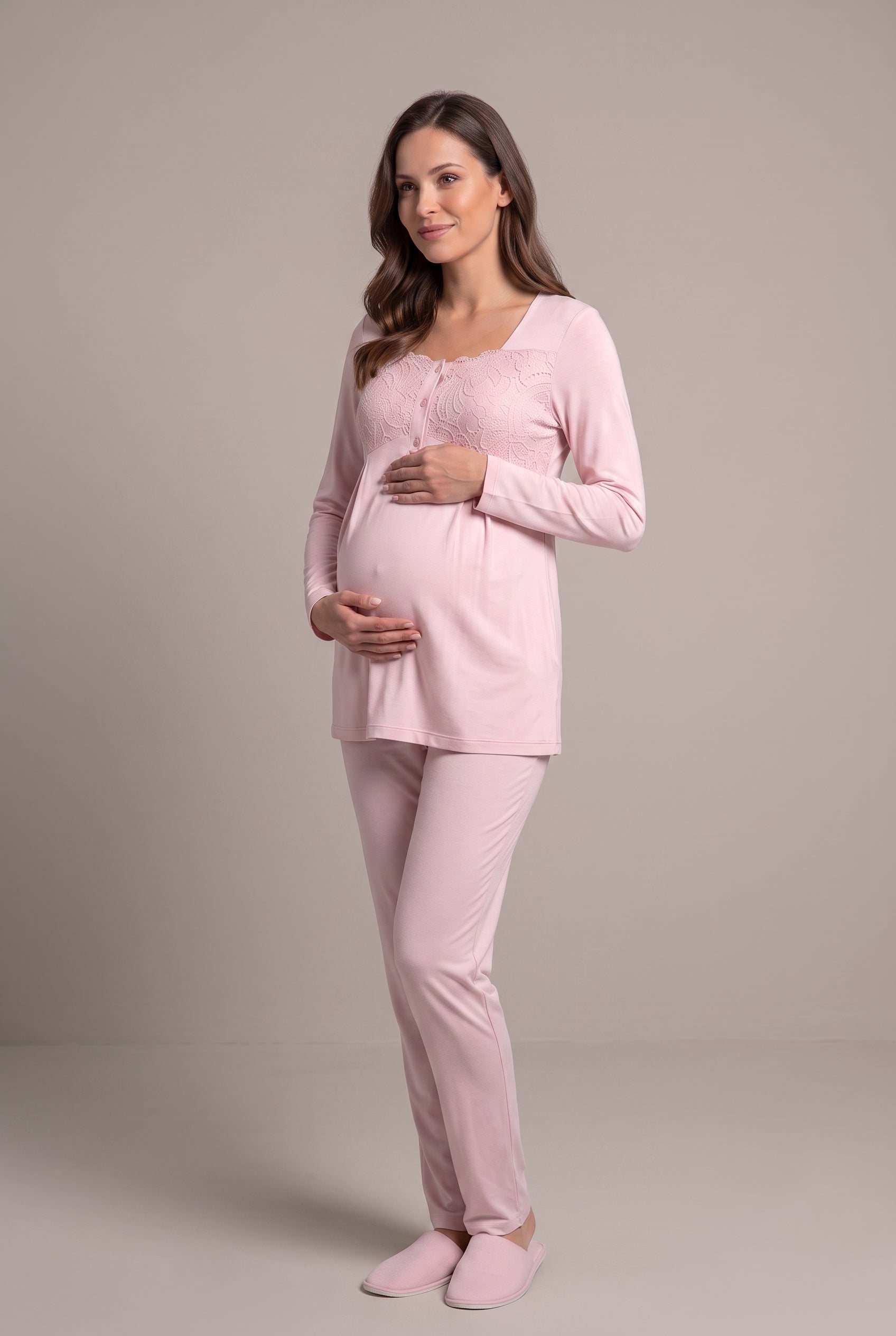 Şık Tasarım Dantel Sabahlıklı Ayarlanabilir Bel Özellikli Pamuklu Lohusa Hamile Sabahlıklı Pijama Takımı 06402