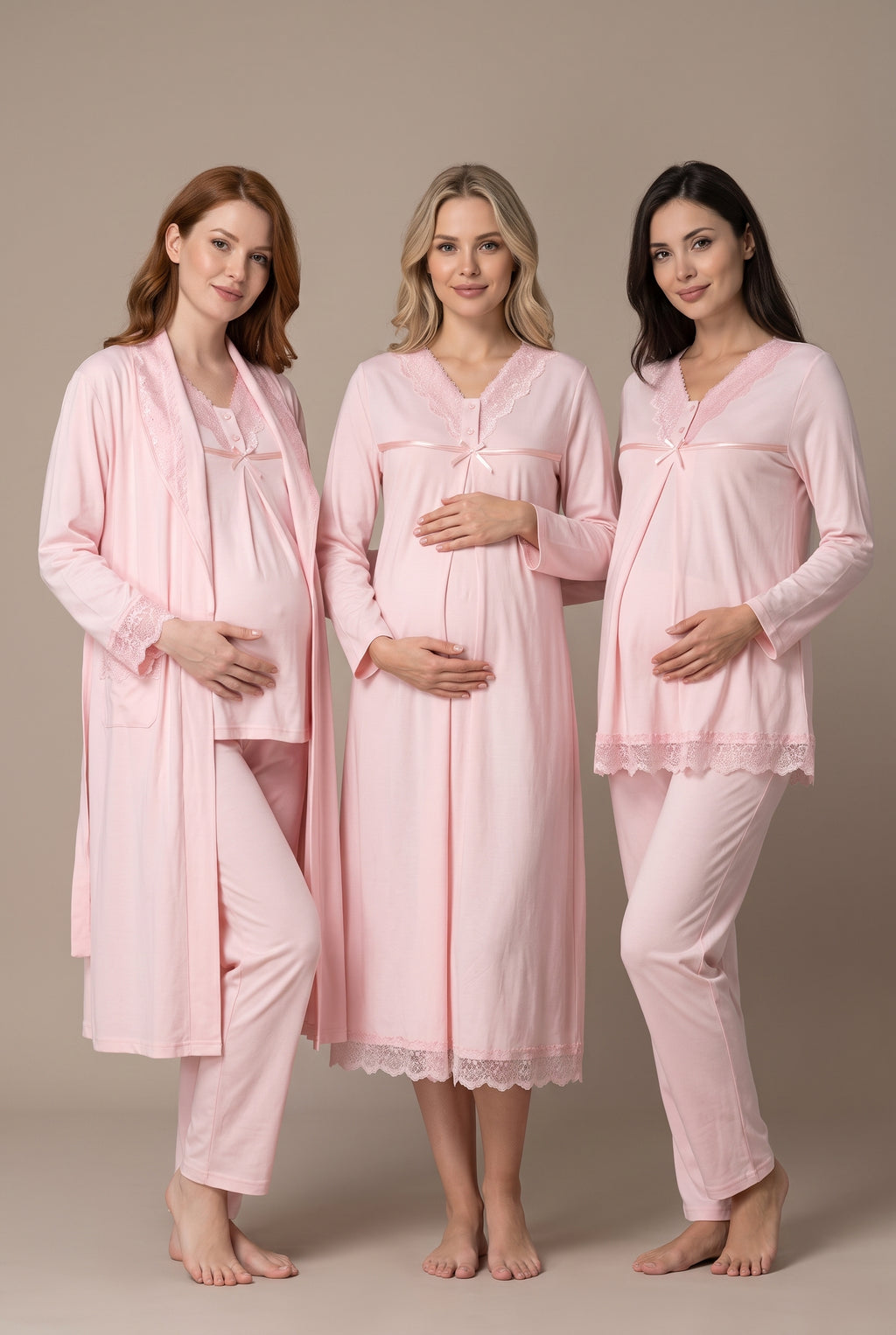Şık Tasarım Dantel Detaylı Emzirme Kolaylıgı Saglayan Ayarlanabilir Bel Özellikli Pamuklu Lohusa Hamile Sabahlıklı Gecelik Pijama Seti 04036