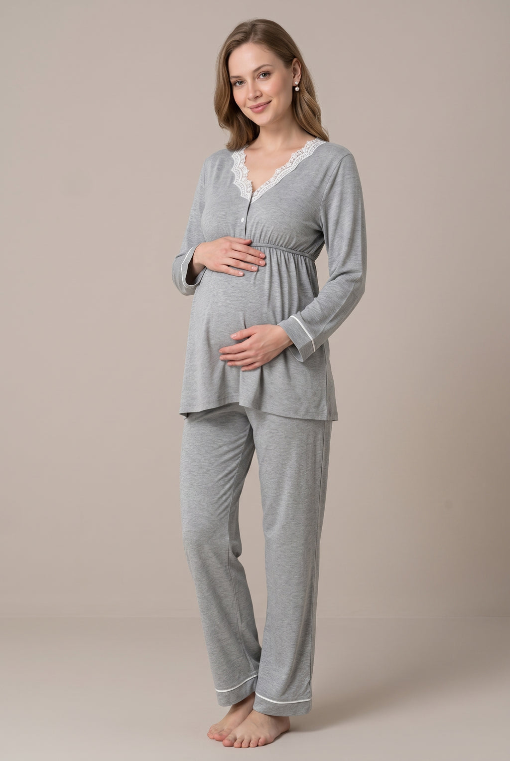 Şık Tasarım Dantel Detaylı Ayarlanabilir Bel Özellikli Pamuklu Lohusa Hamile Pijama Takımı 03052