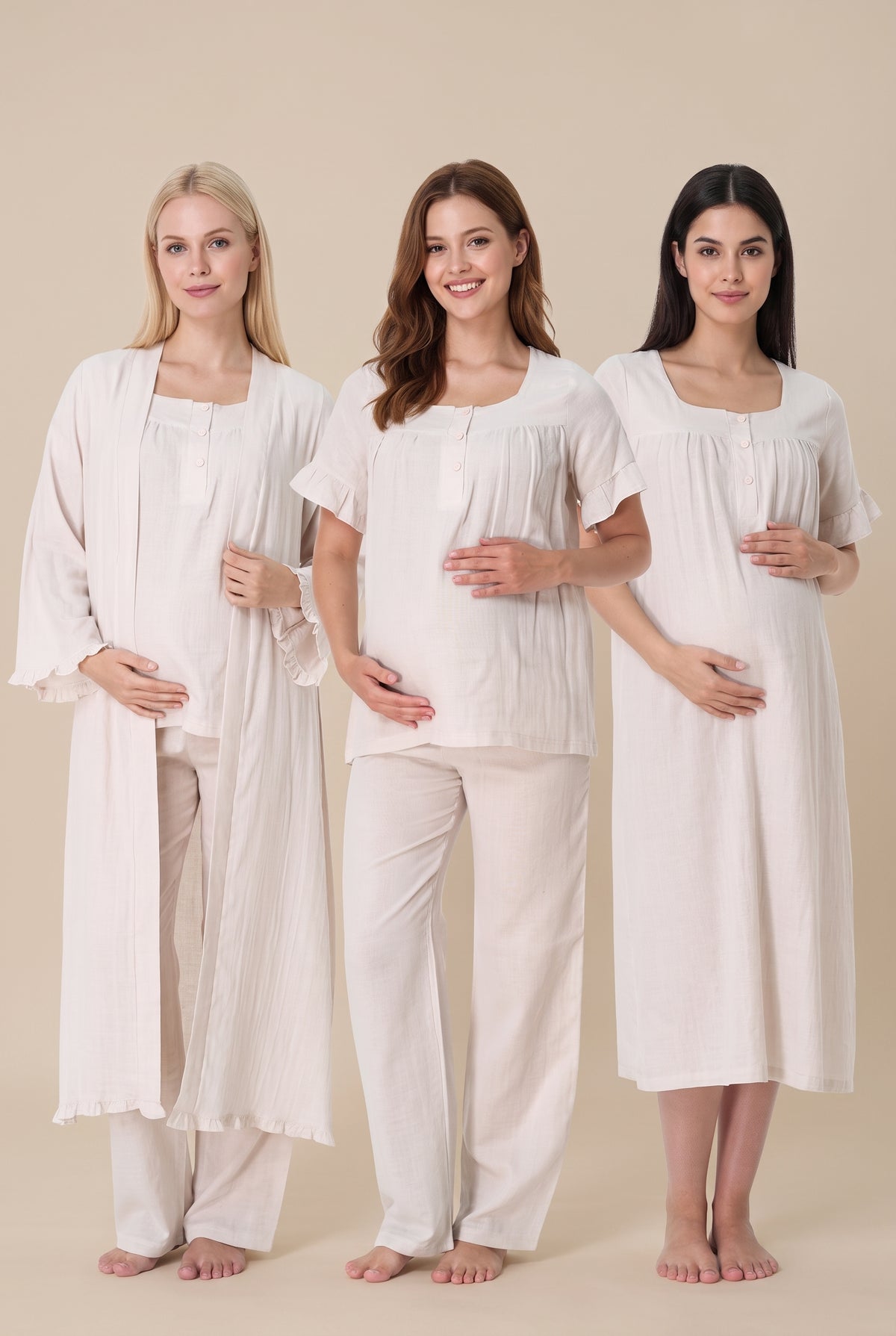 Şık Tasarım Müslin Kumaş Emzirme Kolaylıgı Saglayan Ayarlanabilir Bel Özellikli Pamuklu Lohusa Hamile Sabahlıklı Gecelik Pijama Seti 03086