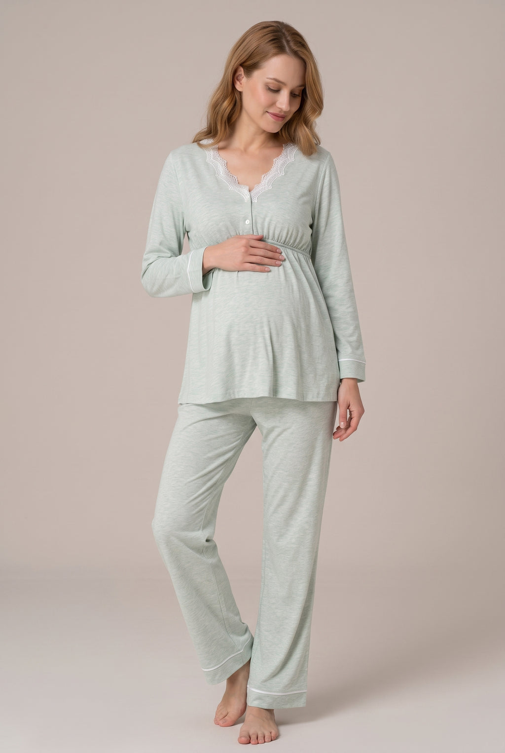 Şık Tasarım Dantel Detaylı Ayarlanabilir Bel Özellikli Pamuklu Lohusa Hamile Pijama Takımı 03052
