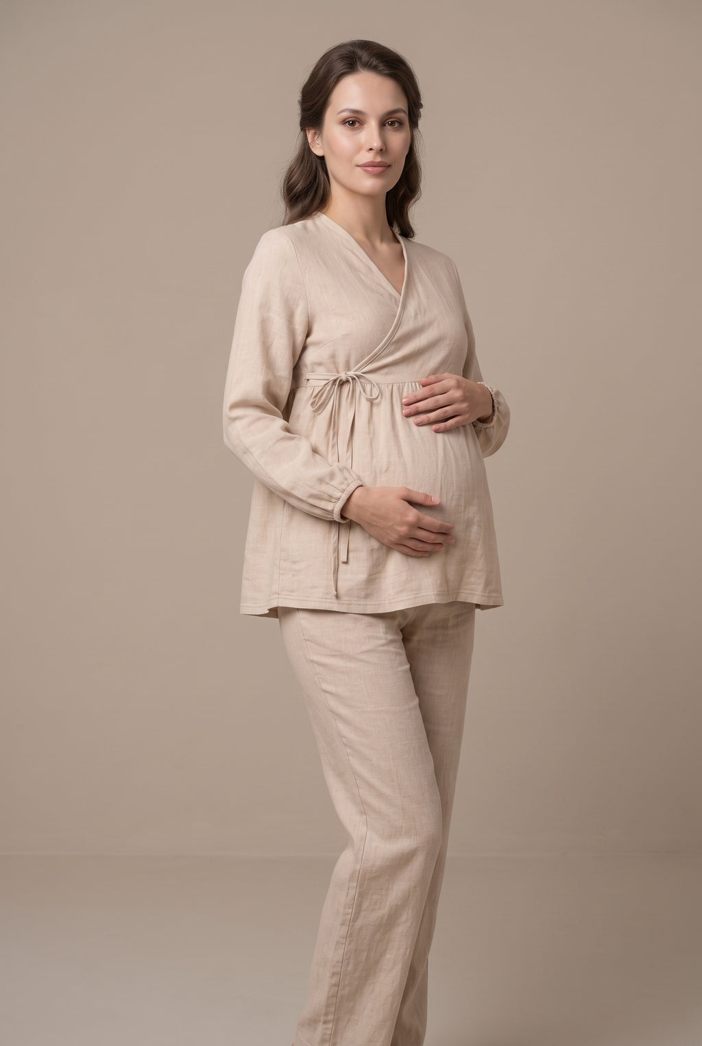 Şık Tasarım Müslin Kumaş Ayarlanabilir Bel Özellikli Emzirme Kolaylıgı Saglayan Pamuk Lohusa Hamile Pijama Takımı 03087