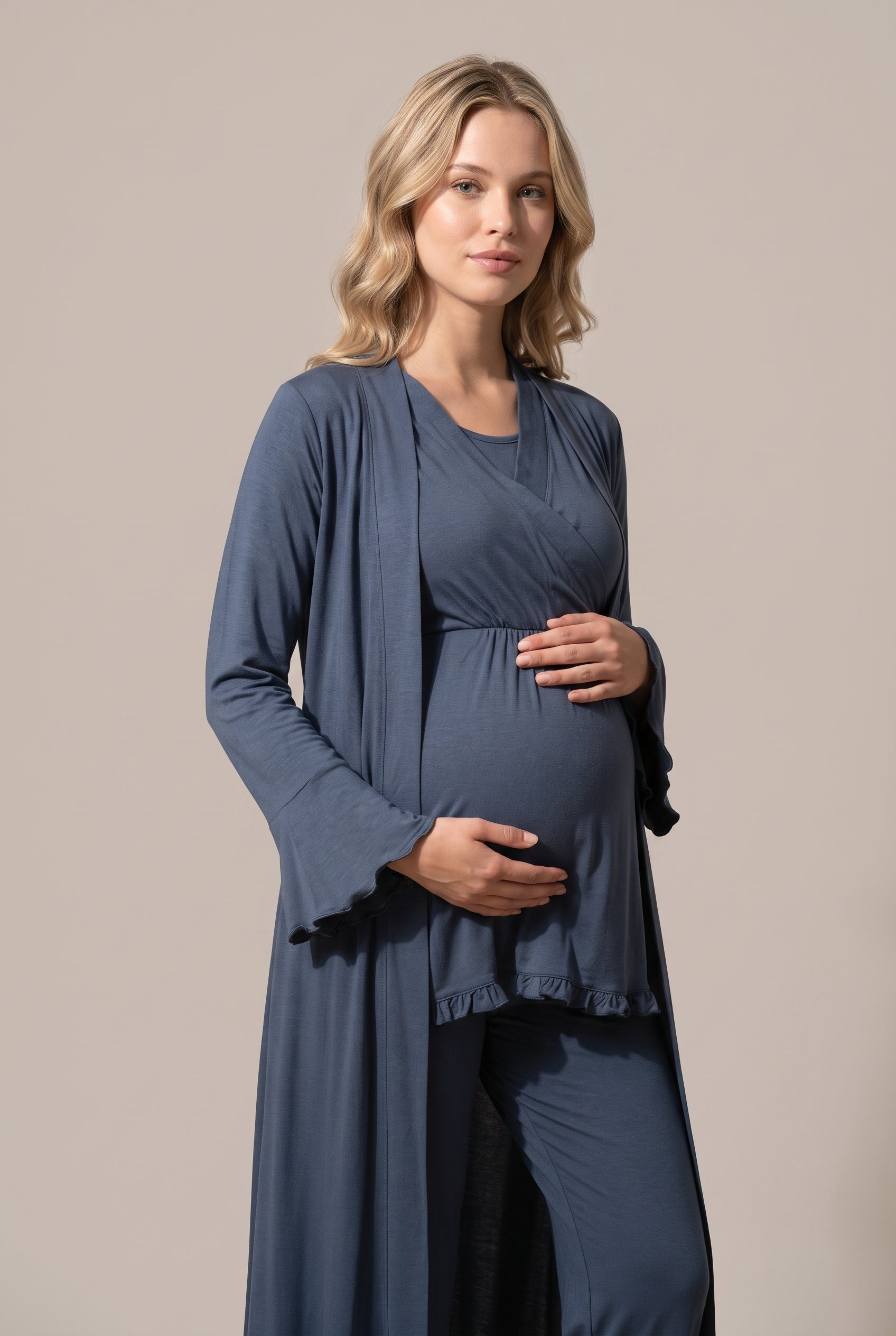 Şık Tasarım Kruvaze Yaka Ayarlanabilir Bel Özellikli Pamuklu Lohusa Hamile Sabahlıklı Pijama Seti 03034
