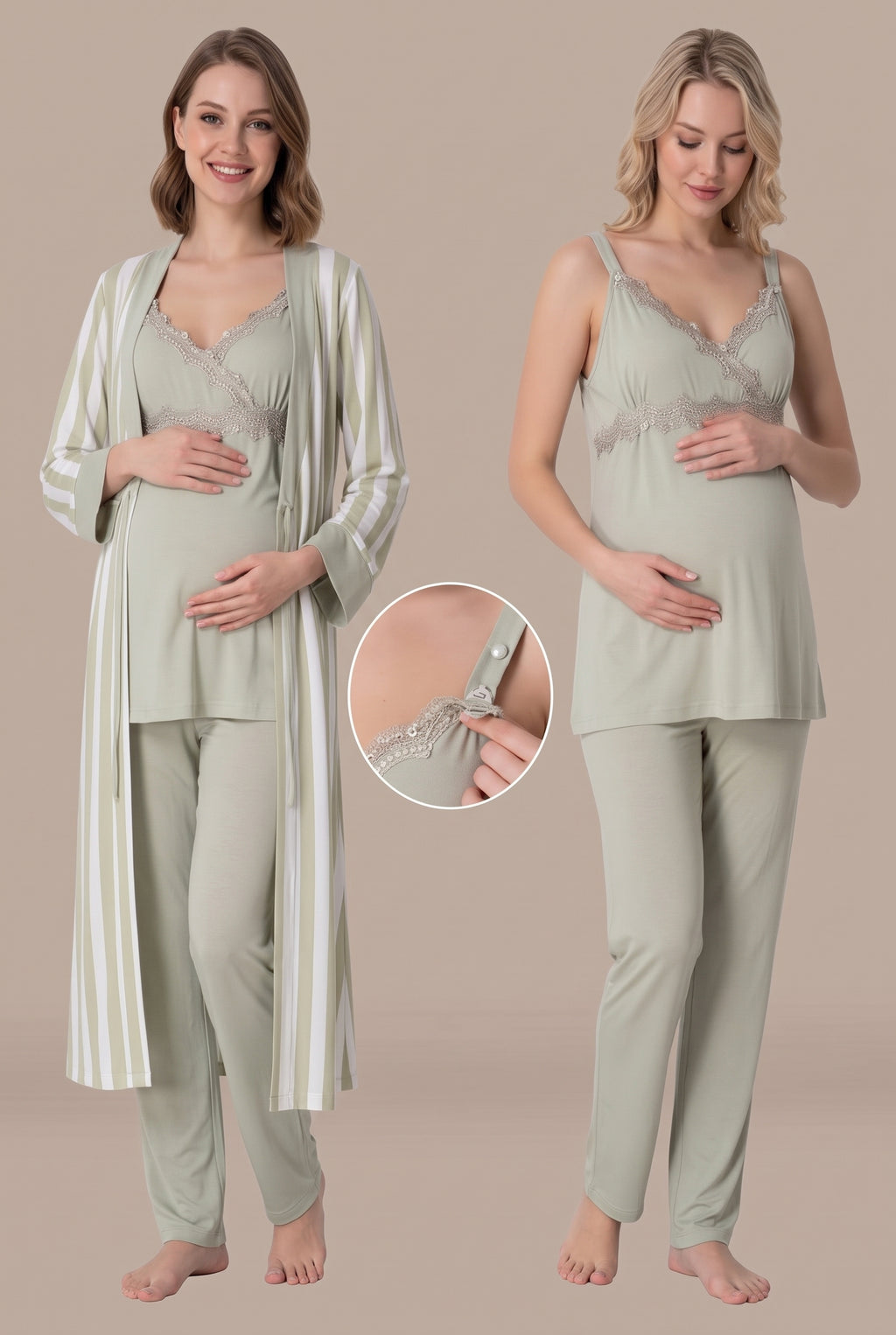Şık Tasarım Askılı Ayarlanabilir Askı Ve Bel Özellikli Pamuklu Lohusa Hamile Sabahlıklı Pijama Takımı 09034