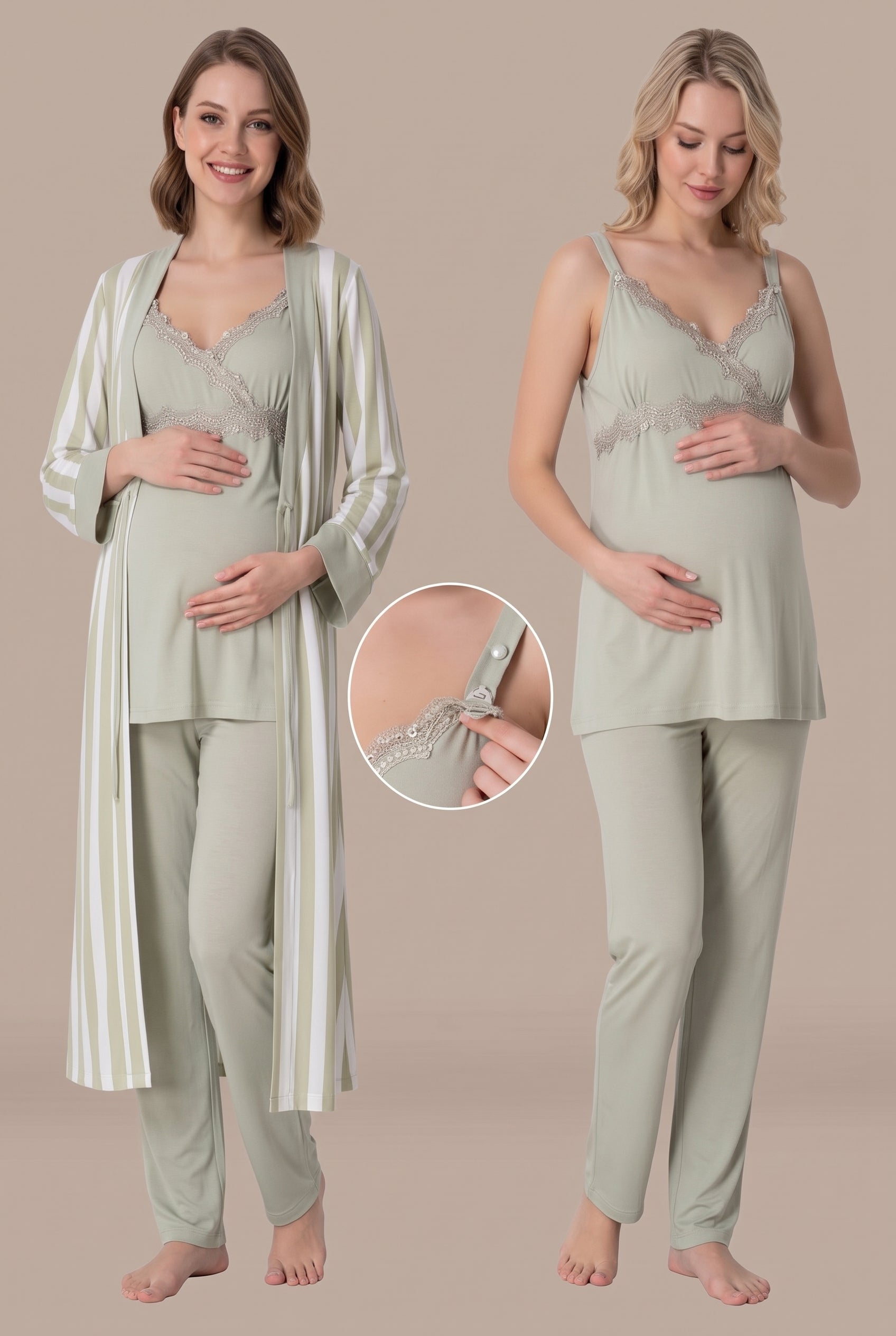 Şık Tasarım Askılı Ayarlanabilir Askı Ve Bel Özellikli Pamuklu Lohusa Hamile Sabahlıklı Pijama Takımı 09034
