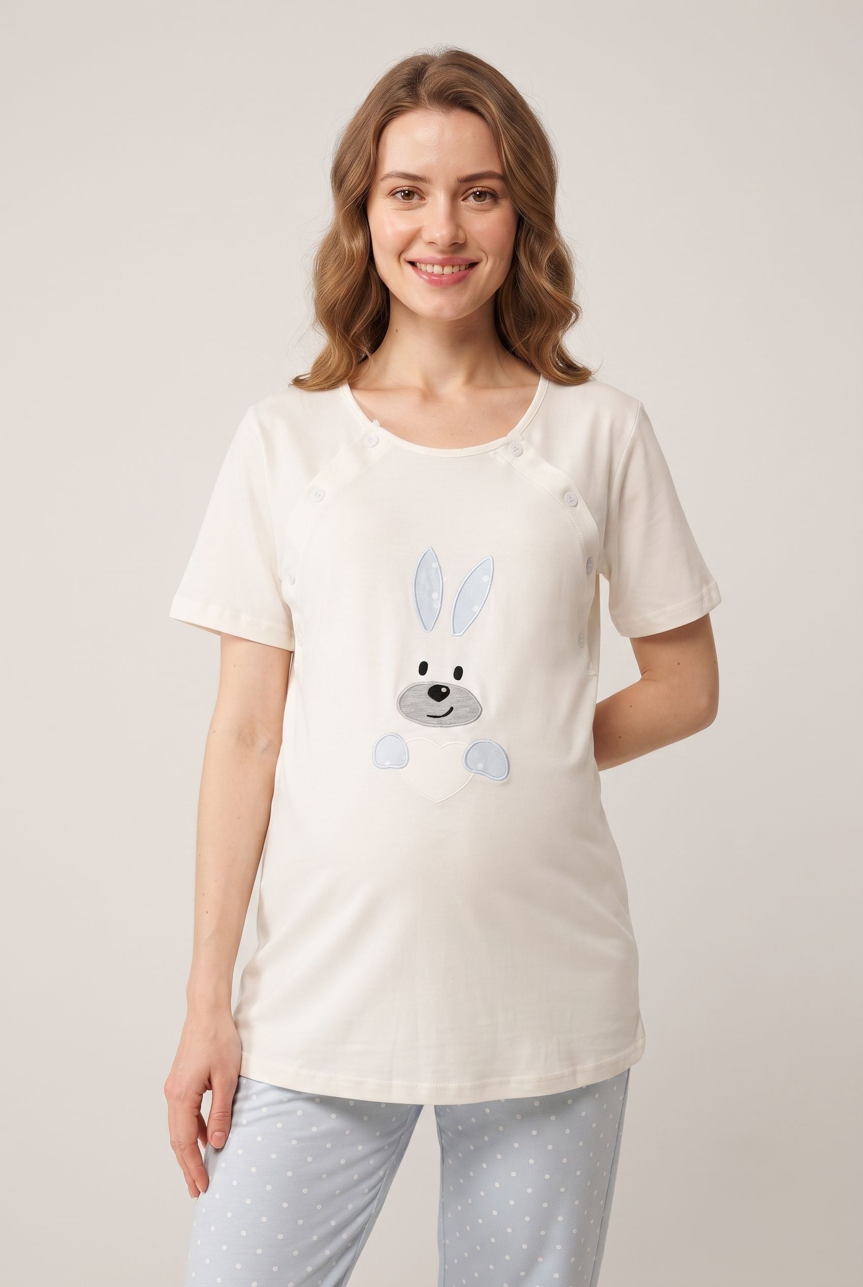 Tavşan Desenli Ayarlabilir Bel Özellikli Emzirme Kolaylıgı Saglayan Lohusa Hamile Pijama Takımı 02074