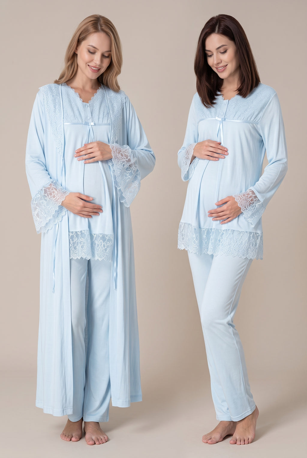 Şık Tasarım Dantel Detaylı Ayarlanabilir Bel Özellikli Pamuklu Lohusa Hamile Uzun Sabahlıklı Pijama Takımı 07044