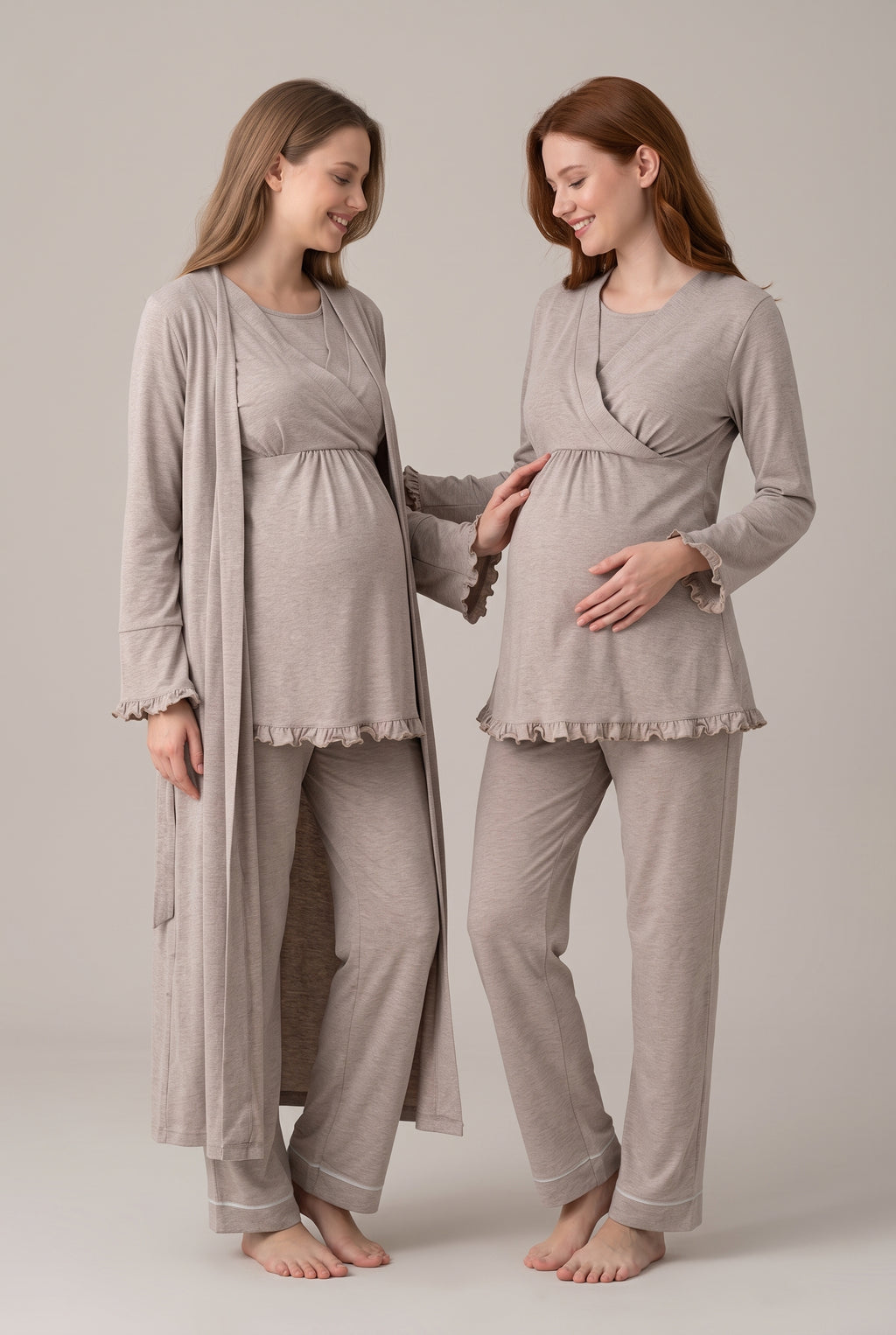Şık Tasarım Kruvaze Yaka Emzirme Kolaylıgı Saglayan Ayarlanabilir Bel Özellikli Pamuklu Lohusa Hamile Sabahlıklı Pijama Takımı 04044