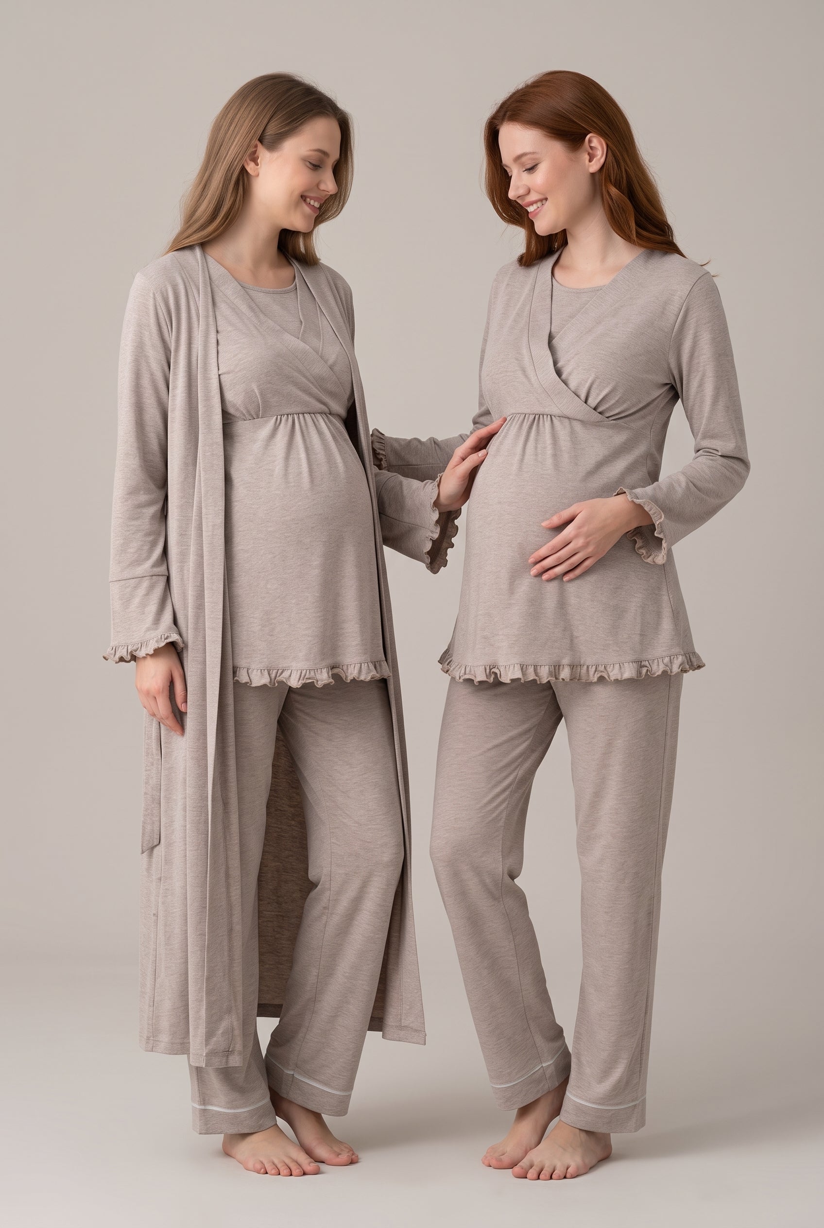 Şık Tasarım Kruvaze Yaka Emzirme Kolaylıgı Saglayan Ayarlanabilir Bel Özellikli Pamuklu Lohusa Hamile Sabahlıklı Pijama Takımı 04044