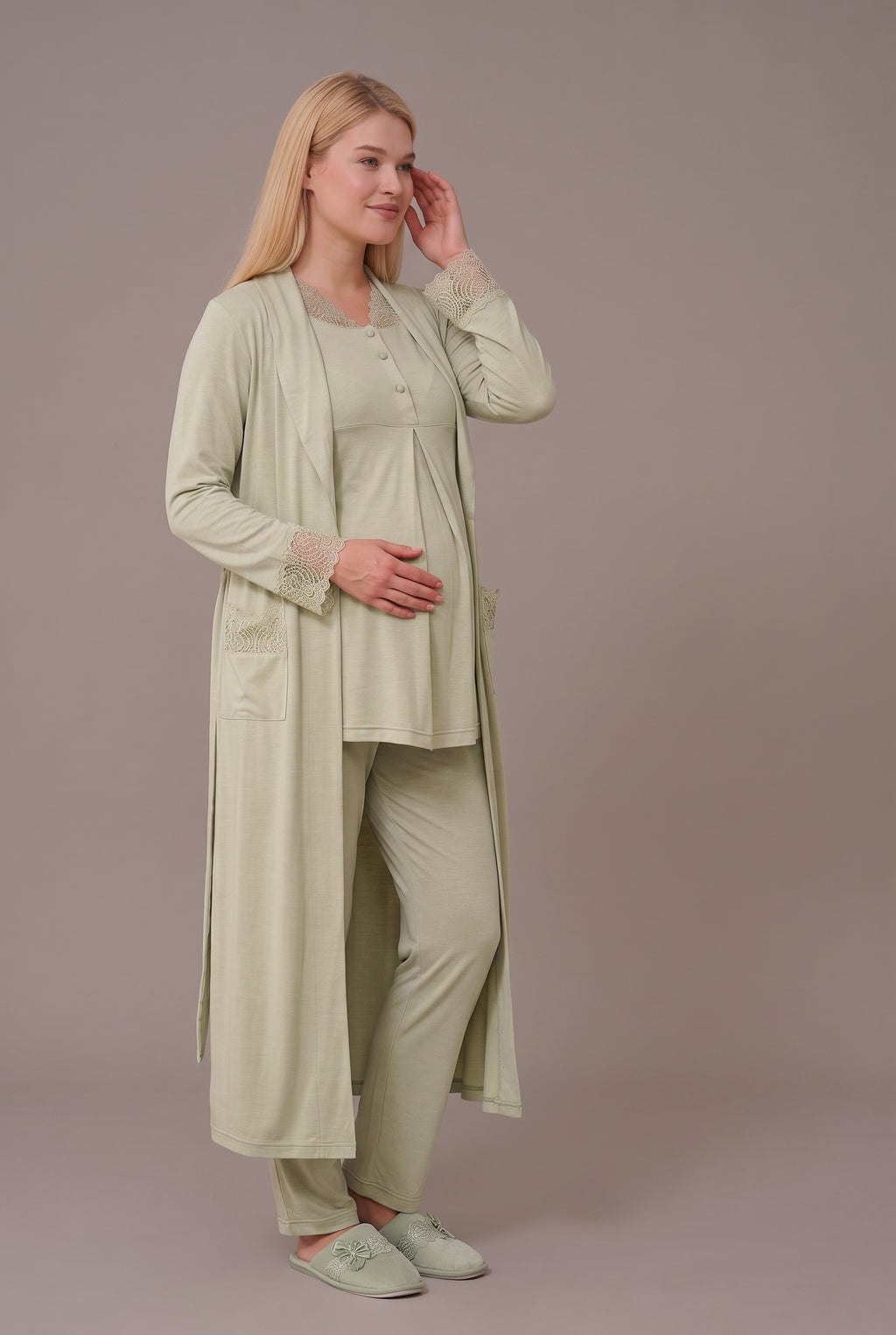 Şık Tasarım Dantel Detaylı Ayarlanabilir Bel Özellikli Pamuklu Emzirme Kolaylıgı Saglayan Lohusa Hamile Sabahlıklı Pijama Takımı 06330