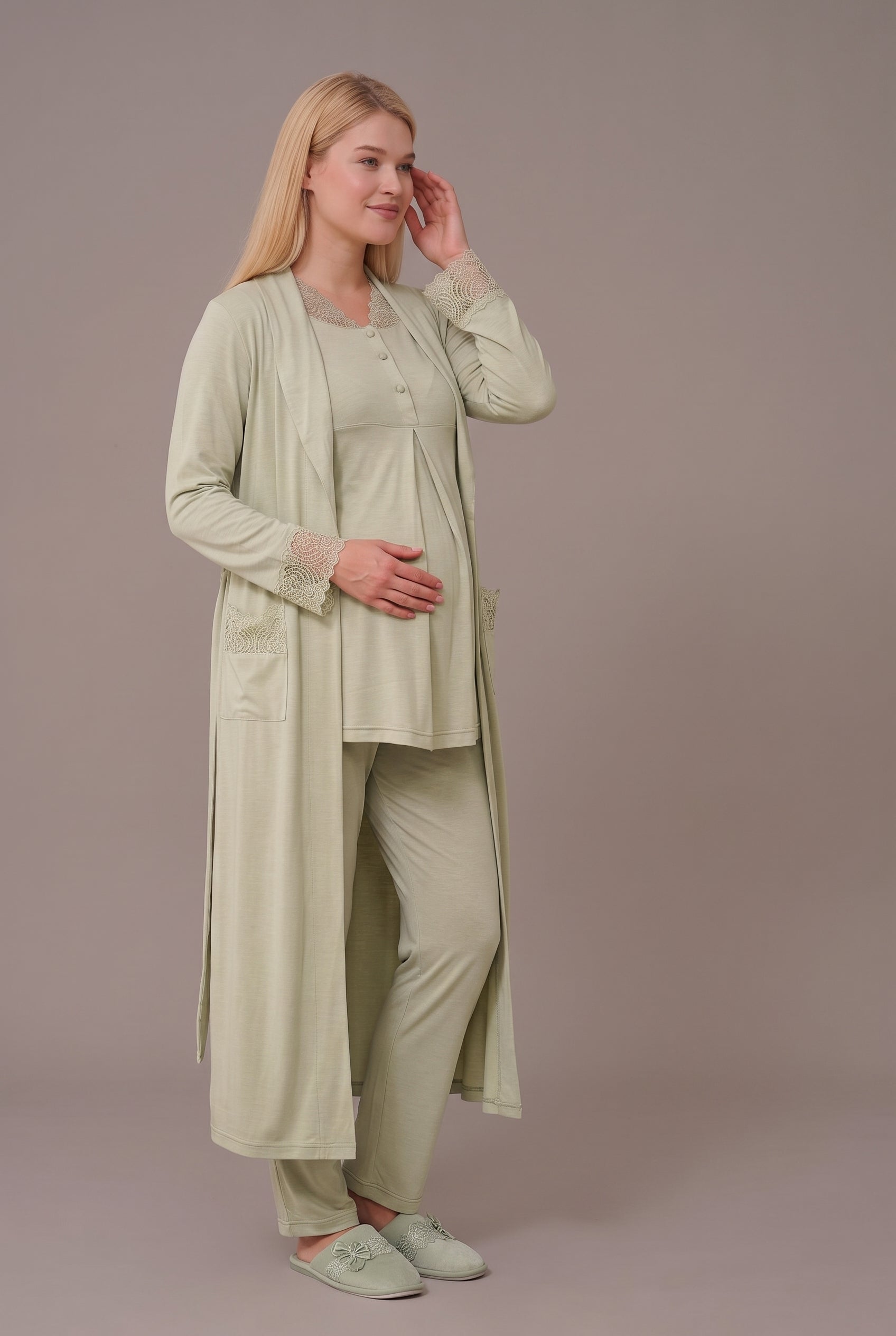 Şık Tasarım Dantel Detaylı Ayarlanabilir Bel Özellikli Pamuklu Emzirme Kolaylıgı Saglayan Lohusa Hamile Sabahlıklı Pijama Takımı 06330