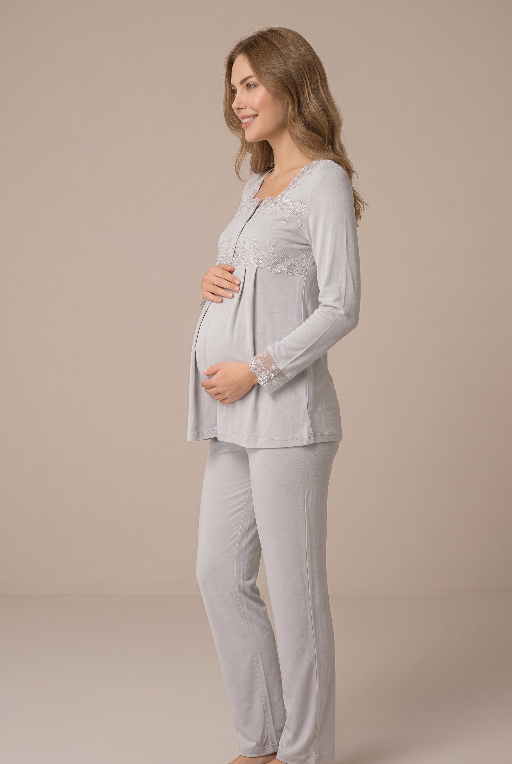 Şık Tasarım Dantel Detaylı Emzirme Kolaylıgı Saglayan Ayarlanabilir Bel Özellikli Pamuklu Pijama Takımı 02403