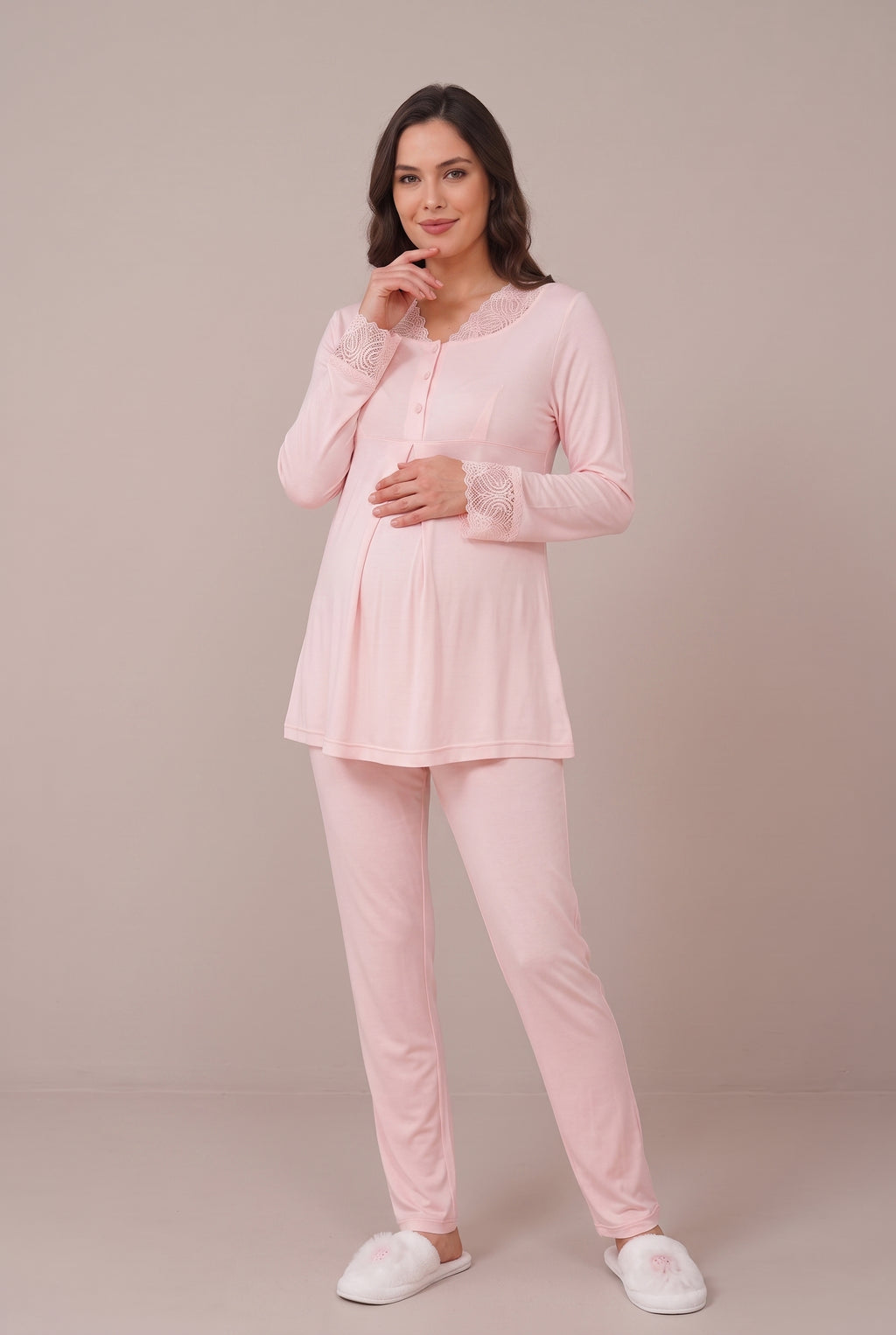Şık Tasarım Dantel Detaylı Ayarlanabilir Bel Özellikli Pamuklu Emzirme Kolaylıgı Saglayan Lohusa Hamile Sabahlıklı Pijama Takımı 06330