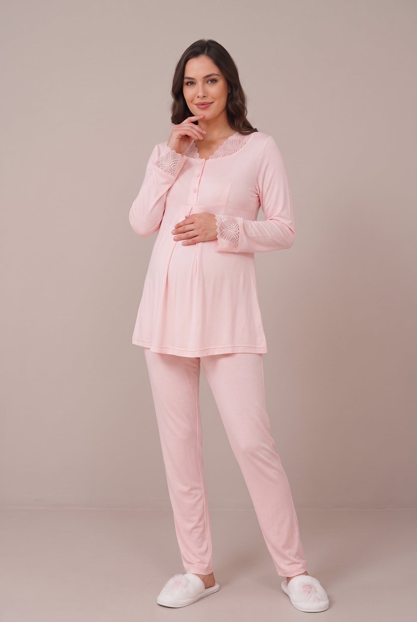 Şık Tasarım Dantel Detaylı Ayarlanabilir Bel Özellikli Pamuklu Emzirme Kolaylıgı Saglayan Lohusa Hamile Sabahlıklı Pijama Takımı 06330