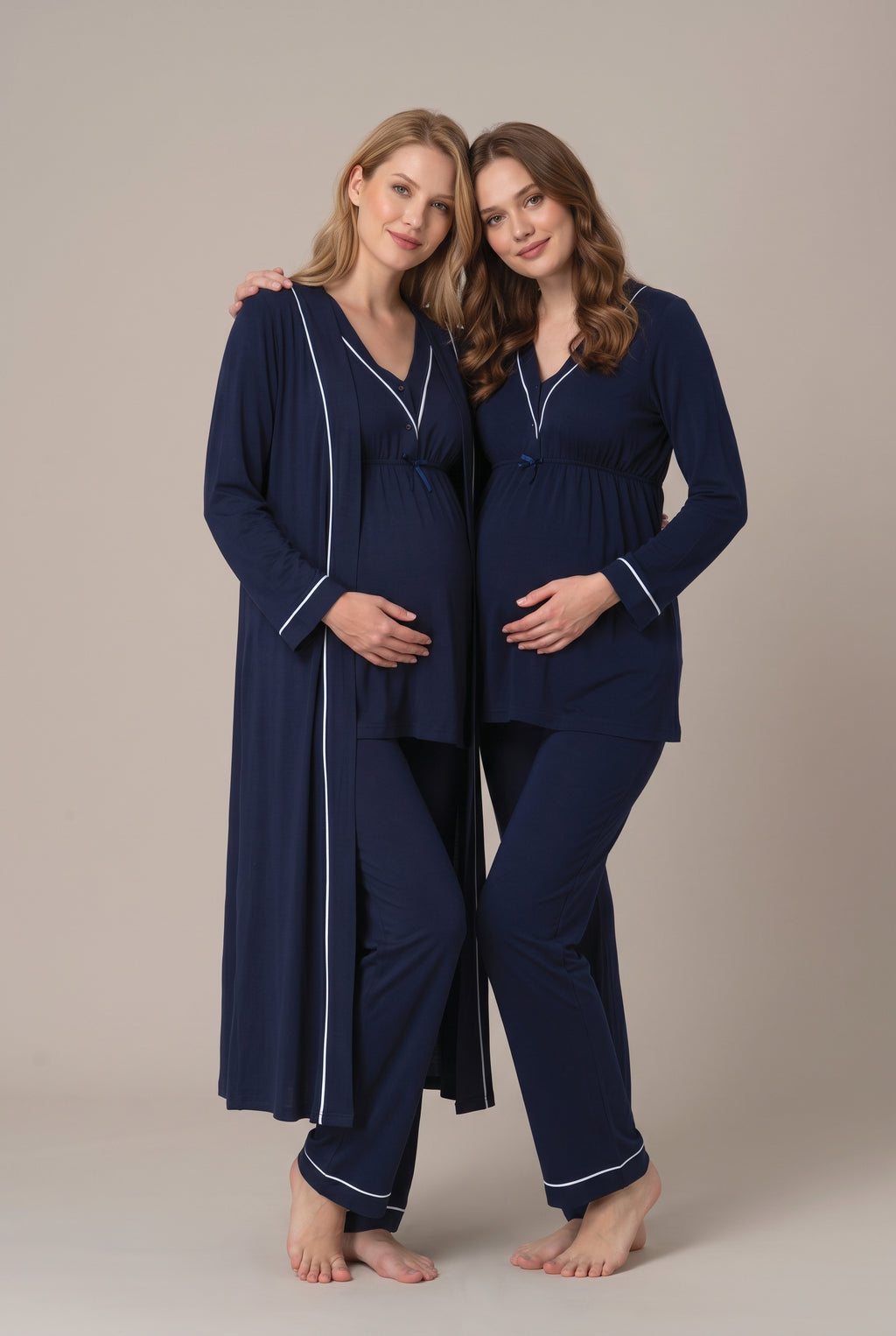 Şık Tasarım Uzun Sabahlıklı Emzirme Kolaylıgı Saglayan Ayarlanabilir Bel Özellikli Pamuklu Sabahlıklı Pijama Takımı 04054