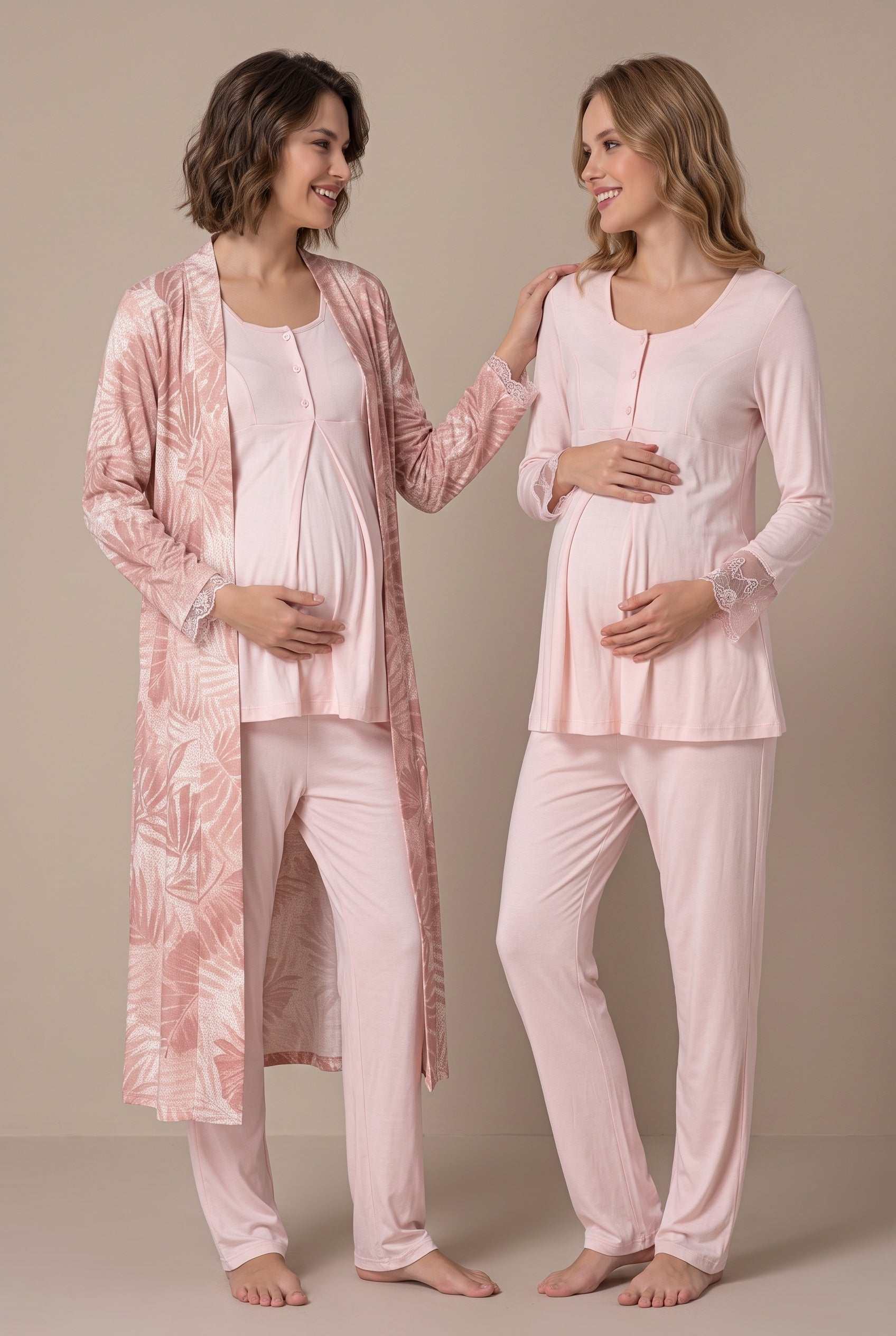 Şık Tasarım Desenli Dantel Detaylı Emzirme Kolaylıgı Saglayan Ayarlanabilir Bel Özellikli Pamuklu Lohusa Hamile Sabahlıklı Pijama Takımı 09044