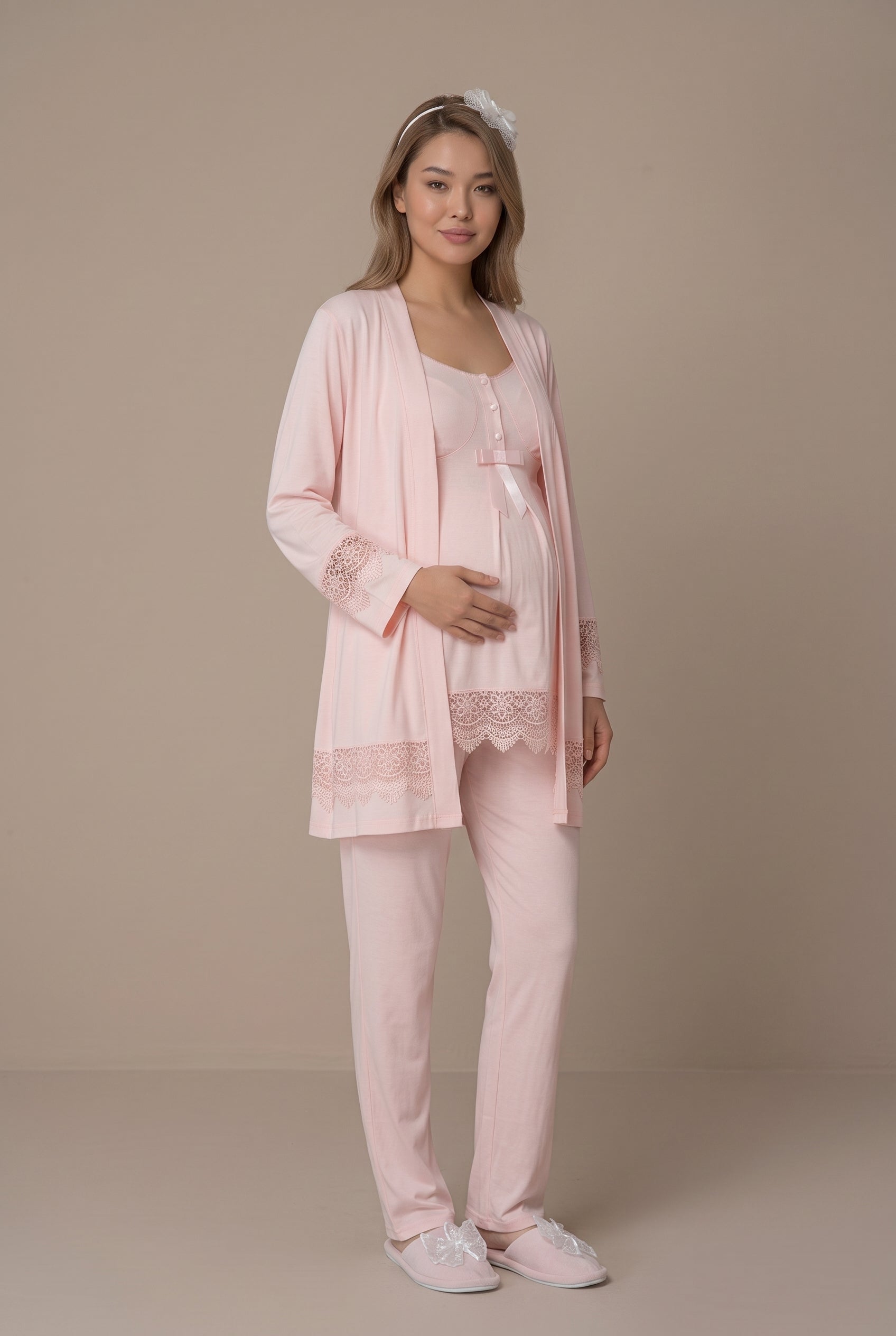 Şık Tasarım Dantel Detaylı Ayarlanabilir Bel Özellikli Emzirme Kolaylıgı Saglayan Pamuklu Lohusa Hamile Sabahlıklı Pijama Takımı 06045